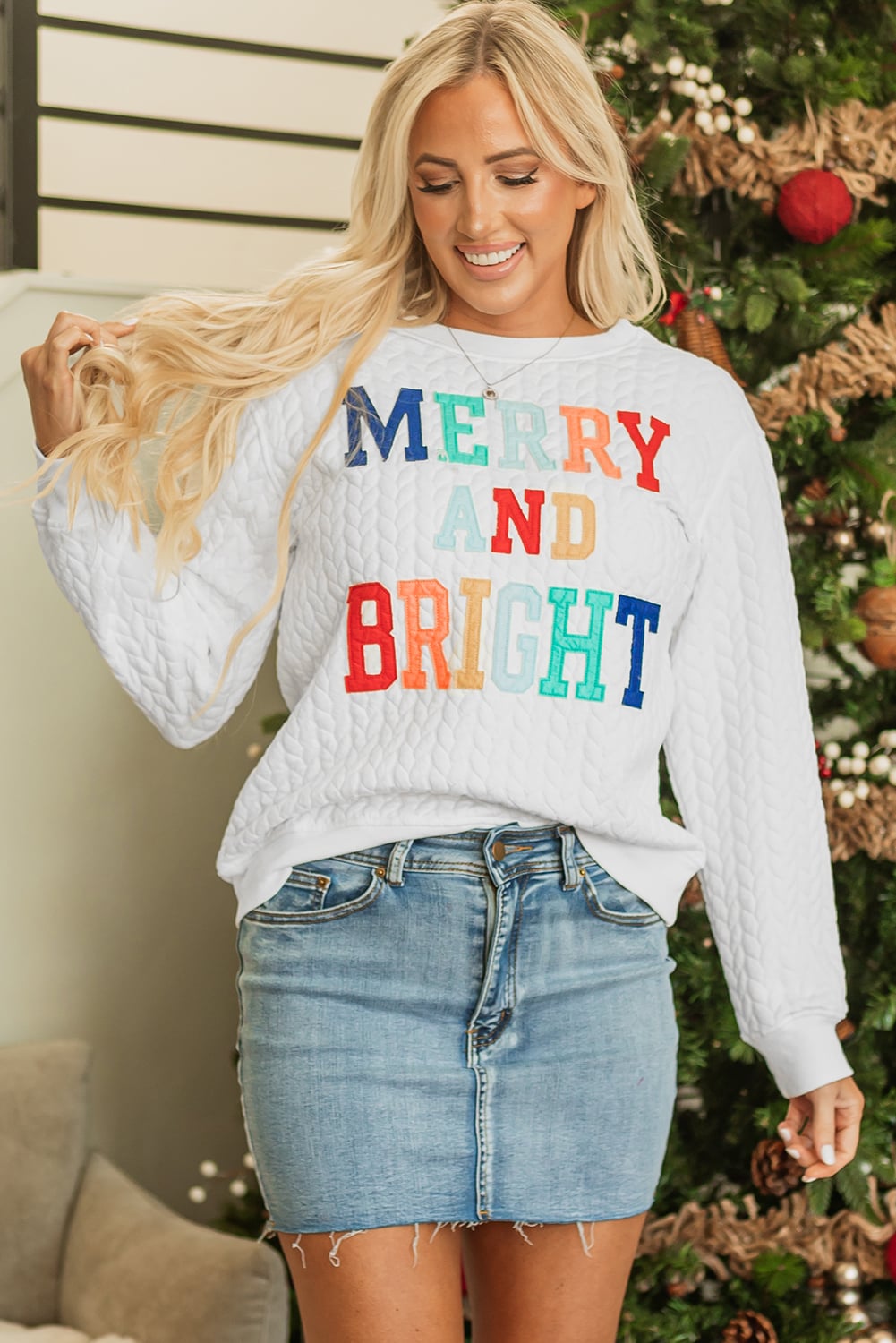 Dearlovers White Merry And Bright Cable Knit Pullover Sweatshirt