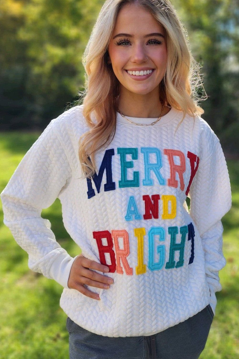 Dearlovers White Merry And Bright Cable Knit Pullover Sweatshirt