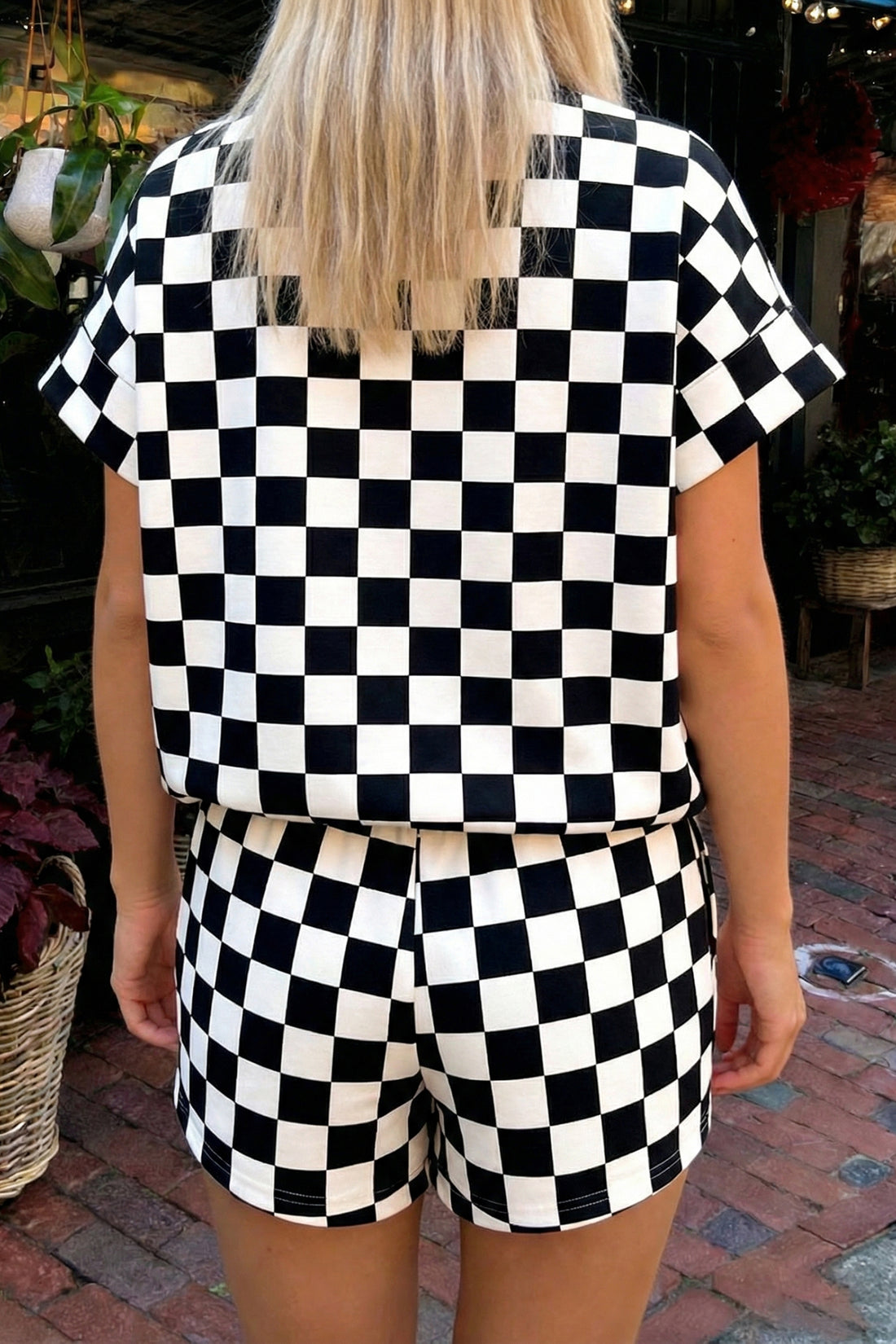 Black Checkered Print Color Block Trim Mock Neck Short Set