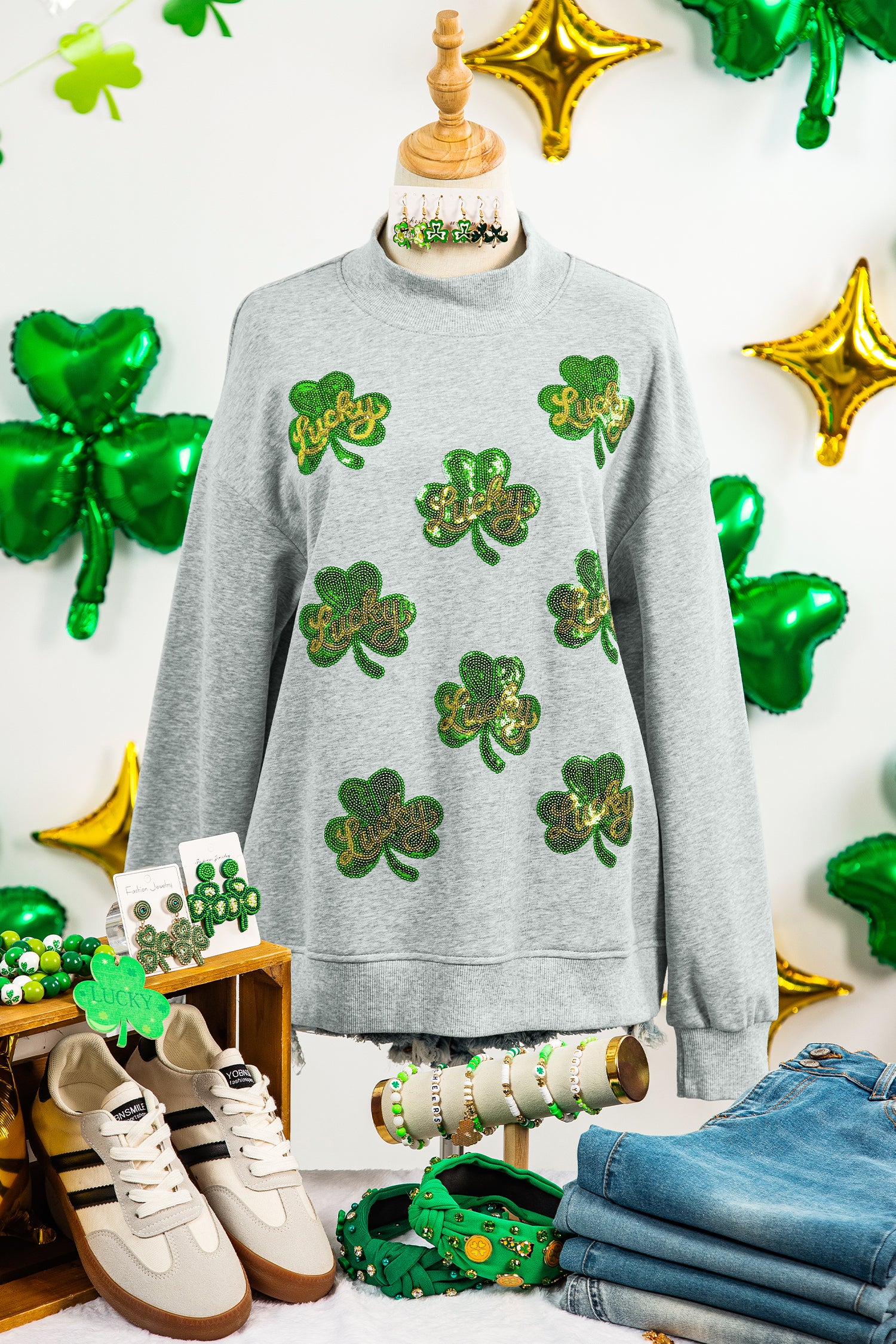 Gray Lucky Clover Sequin Graphic Mock Neck Sweatshirt