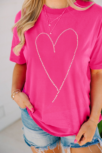 Rose Red Rhinestone Heart Graphic Crew Neck Valentines Tee