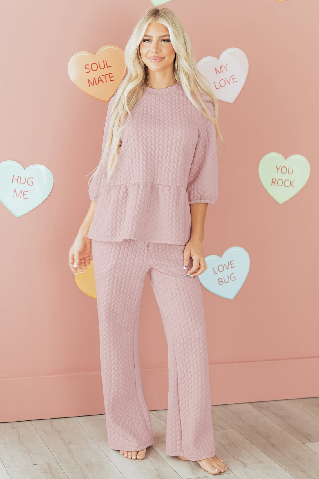 Delicacy Braided Texture Ruffle Hem Top Drawstring Loose Pants Set