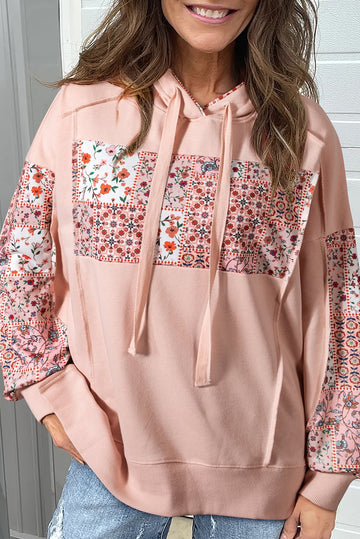 Delicacy Mix Floral Patchwork Side Slit Drawstring Hoodie