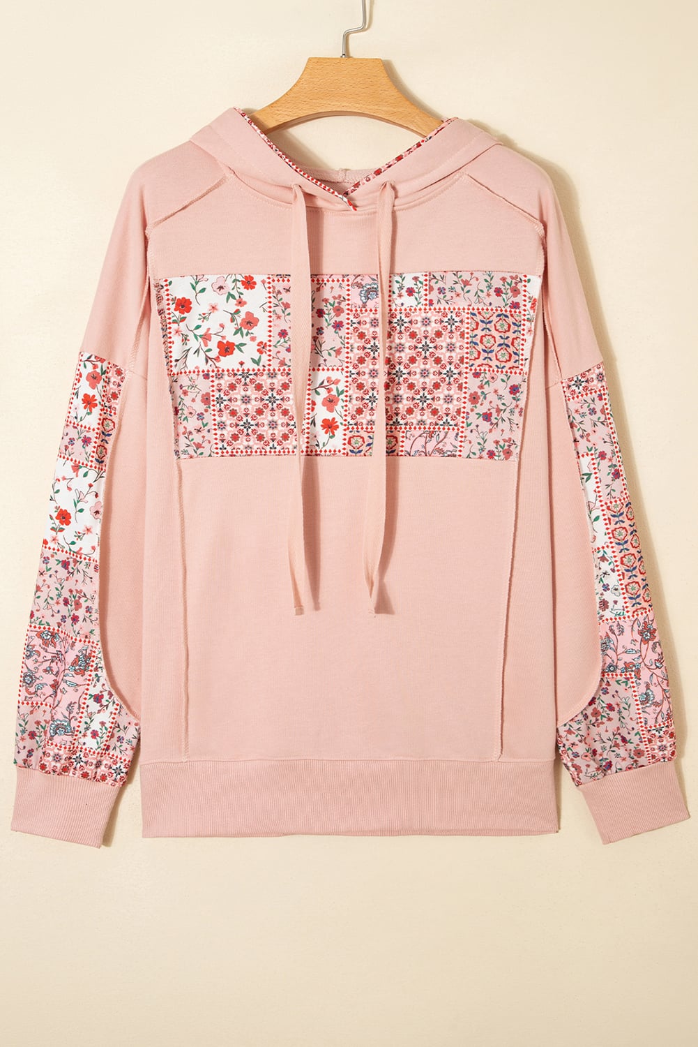Delicacy Mix Floral Patchwork Side Slit Drawstring Hoodie
