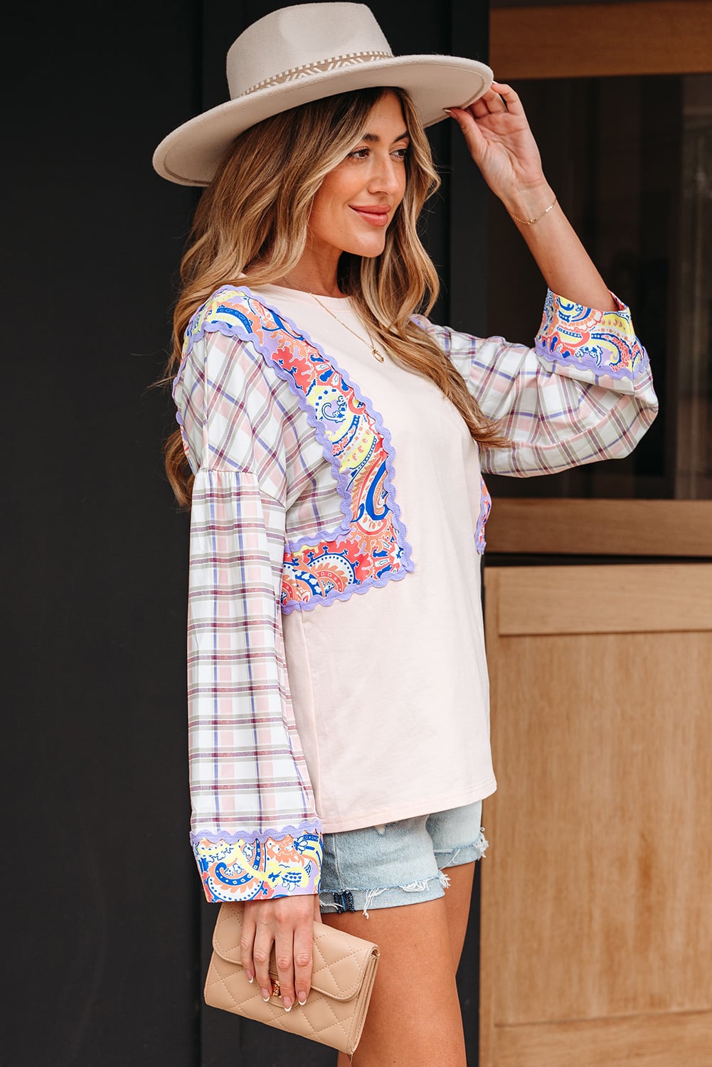 Delicacy Ricrac Trim Floral Plaid Patchwork Puff Sleeve Blouse