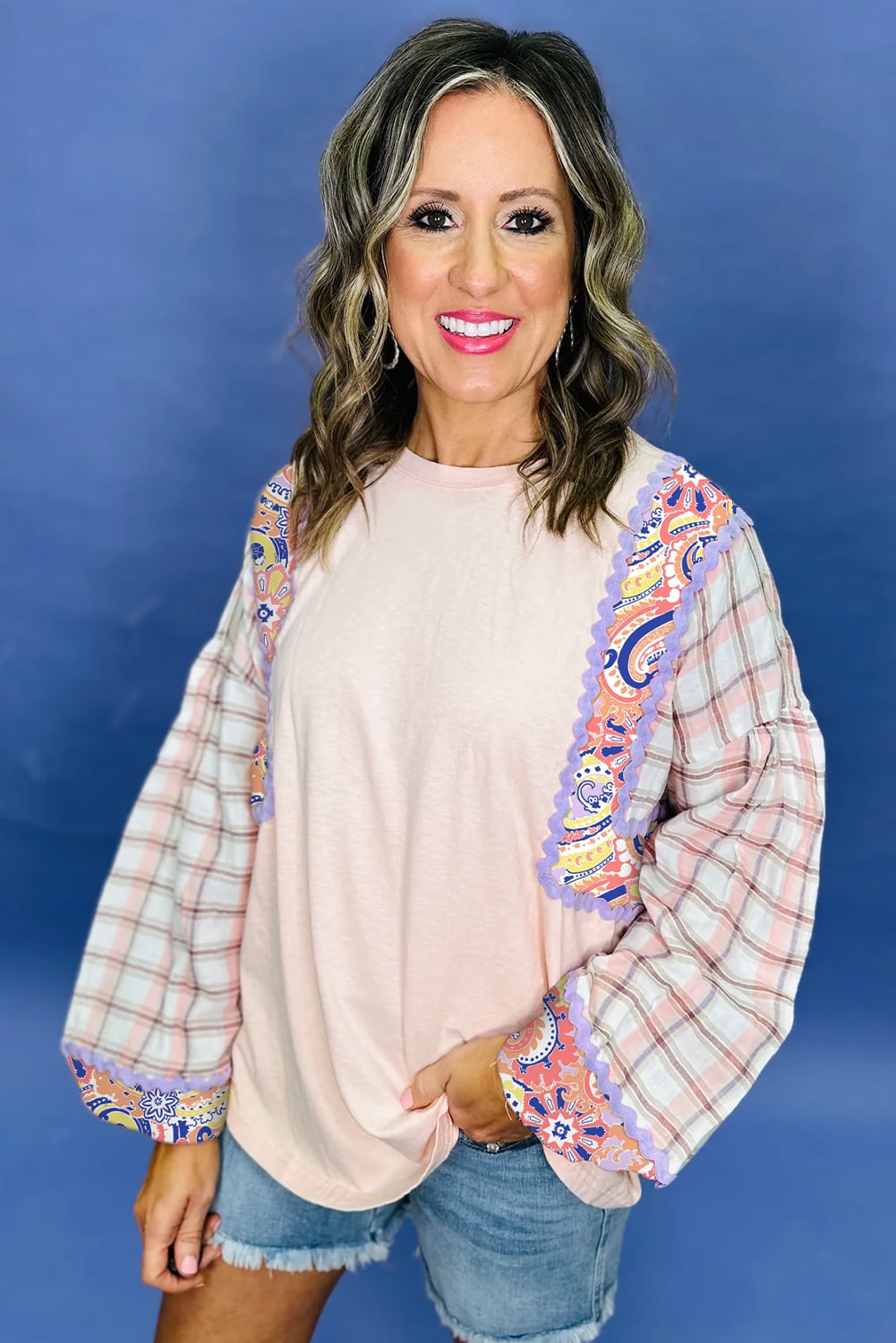 Delicacy Ricrac Trim Floral Plaid Patchwork Puff Sleeve Blouse