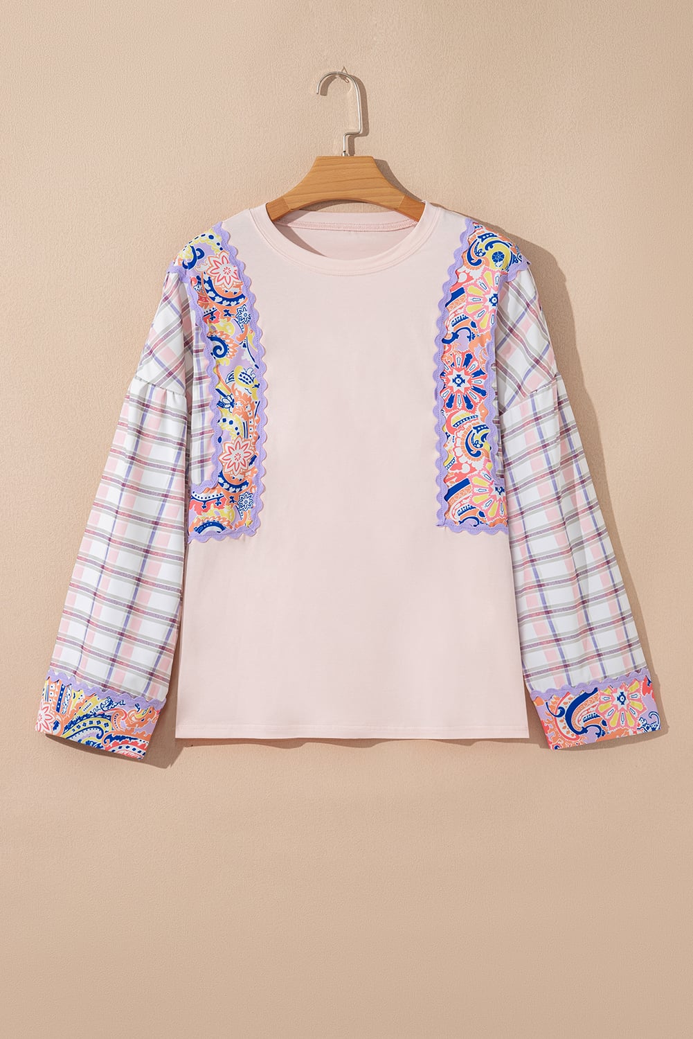 Delicacy Ricrac Trim Floral Plaid Patchwork Puff Sleeve Blouse