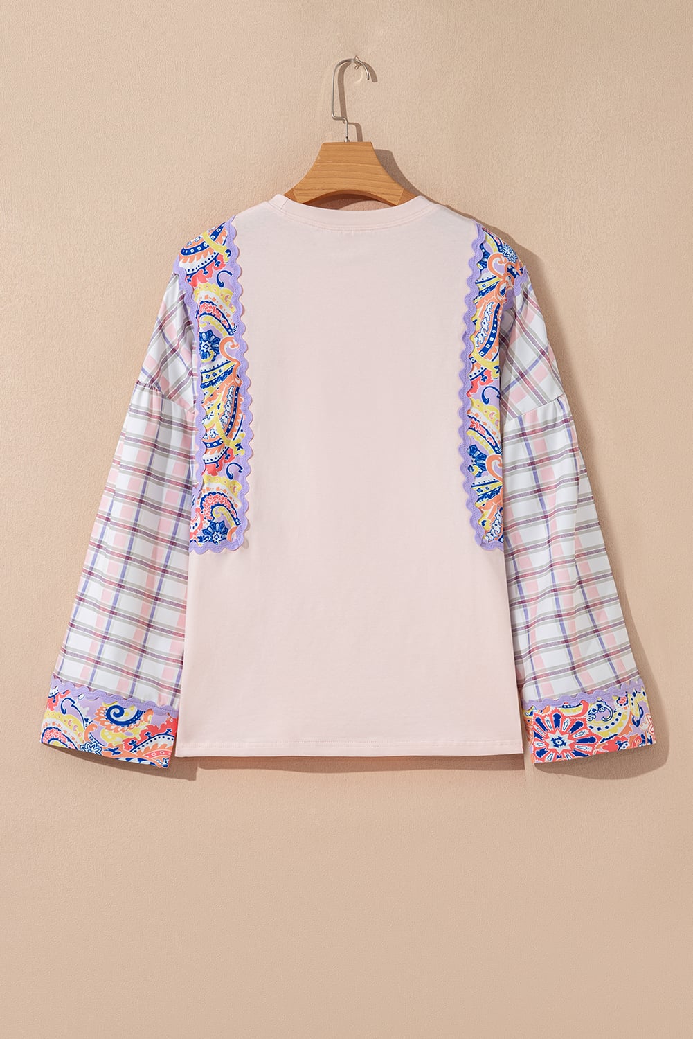 Delicacy Ricrac Trim Floral Plaid Patchwork Puff Sleeve Blouse