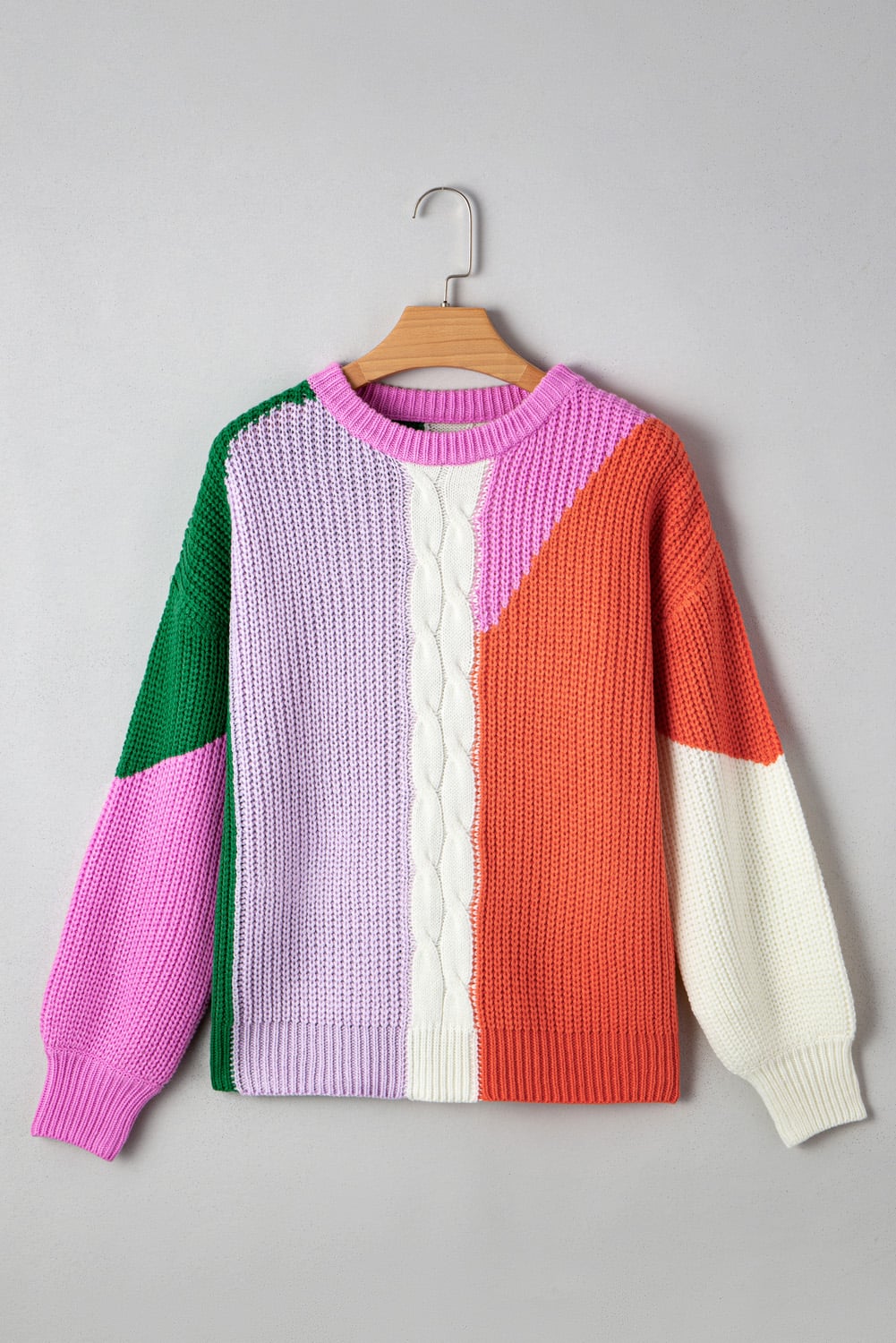 Desert Gold Color Block Textured Knit Drop Shoulder Loose Fit Sweater