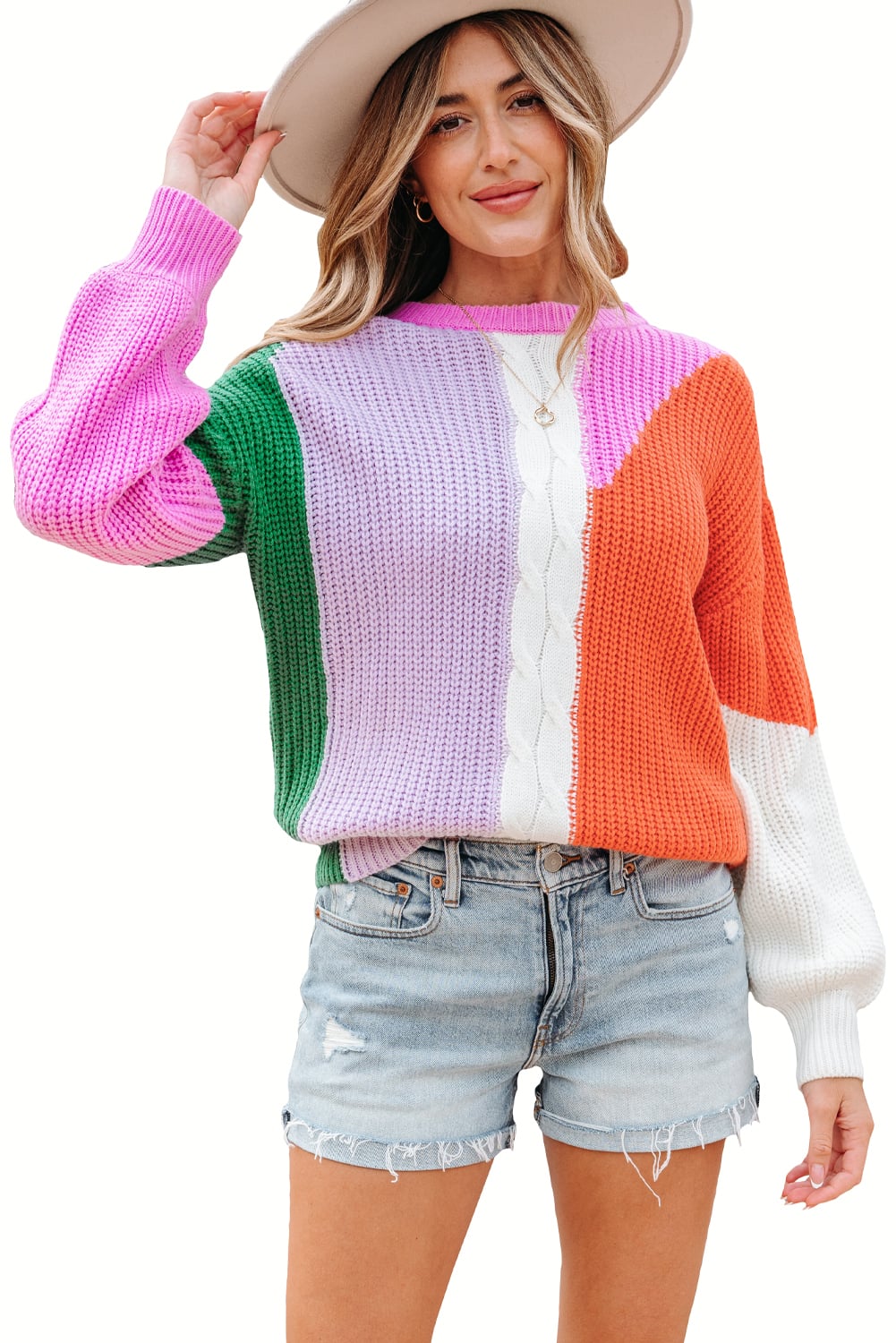 Desert Gold Color Block Textured Knit Drop Shoulder Loose Fit Sweater