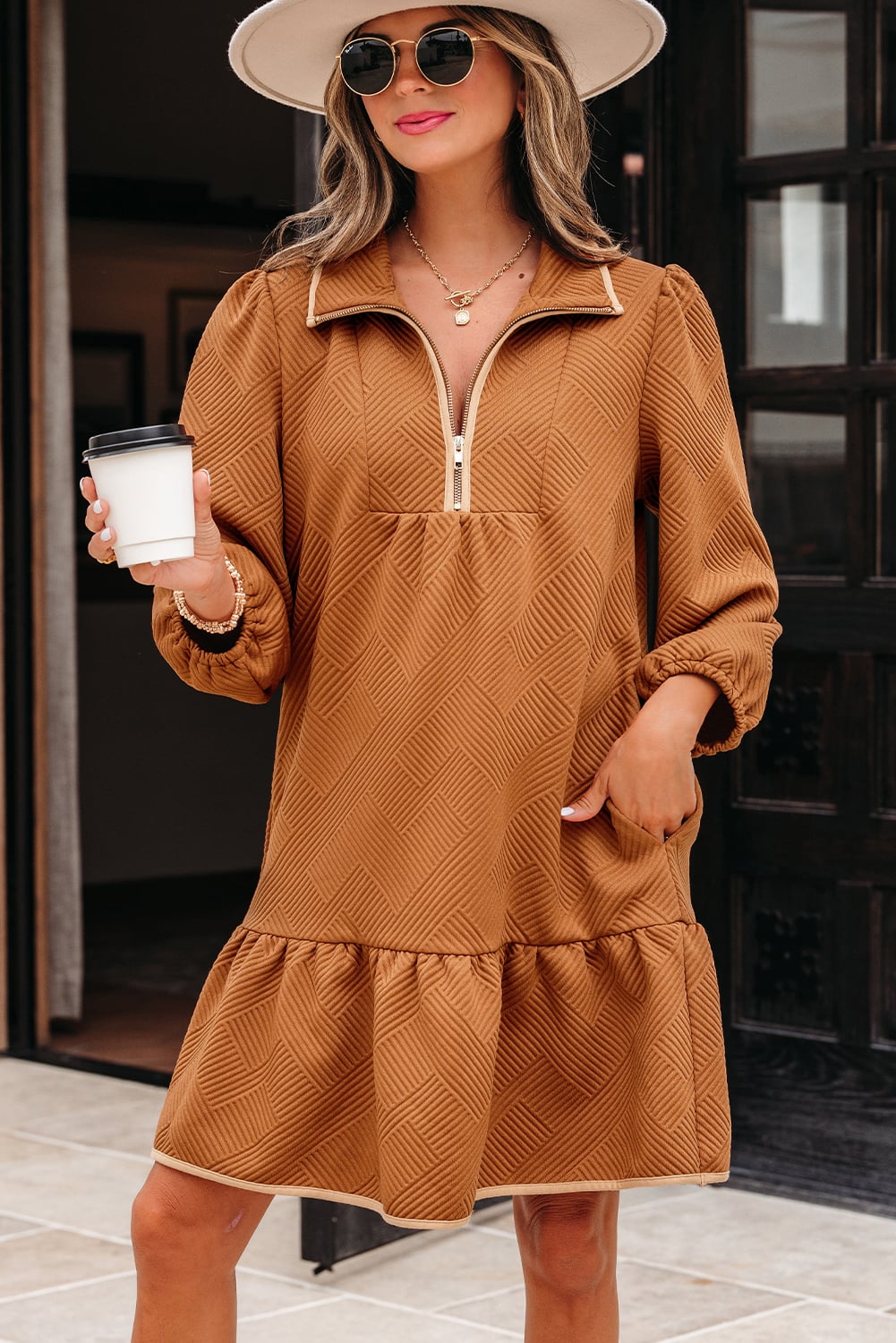 Desert Gold  Quarter Zip Collar Bracelet Sleeve Textured Mini Dress