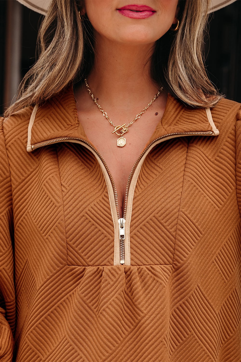 Desert Gold  Quarter Zip Collar Bracelet Sleeve Textured Mini Dress