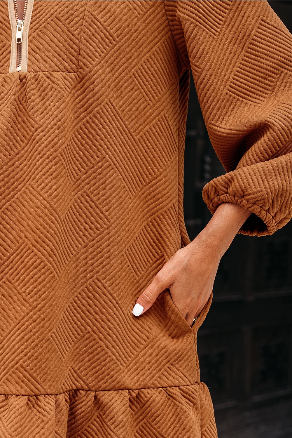 Desert Gold  Quarter Zip Collar Bracelet Sleeve Textured Mini Dress