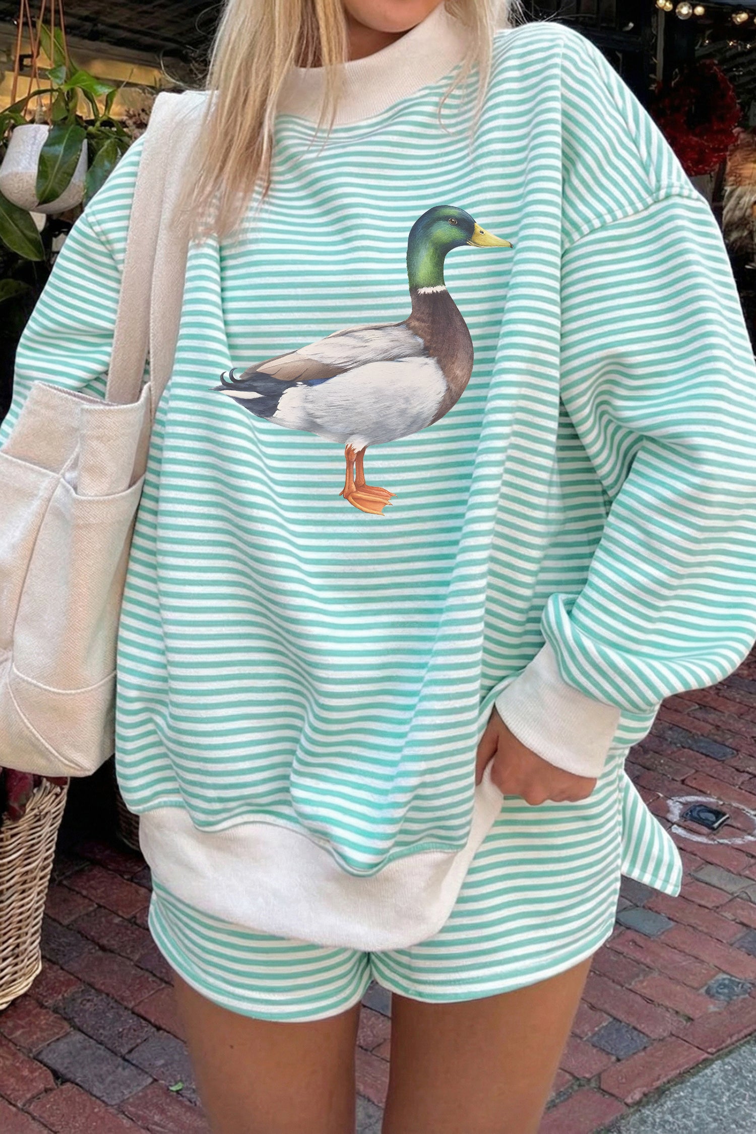 Green Stripe Western Print Mallard Duck Mock Neck Sweatshirt Set