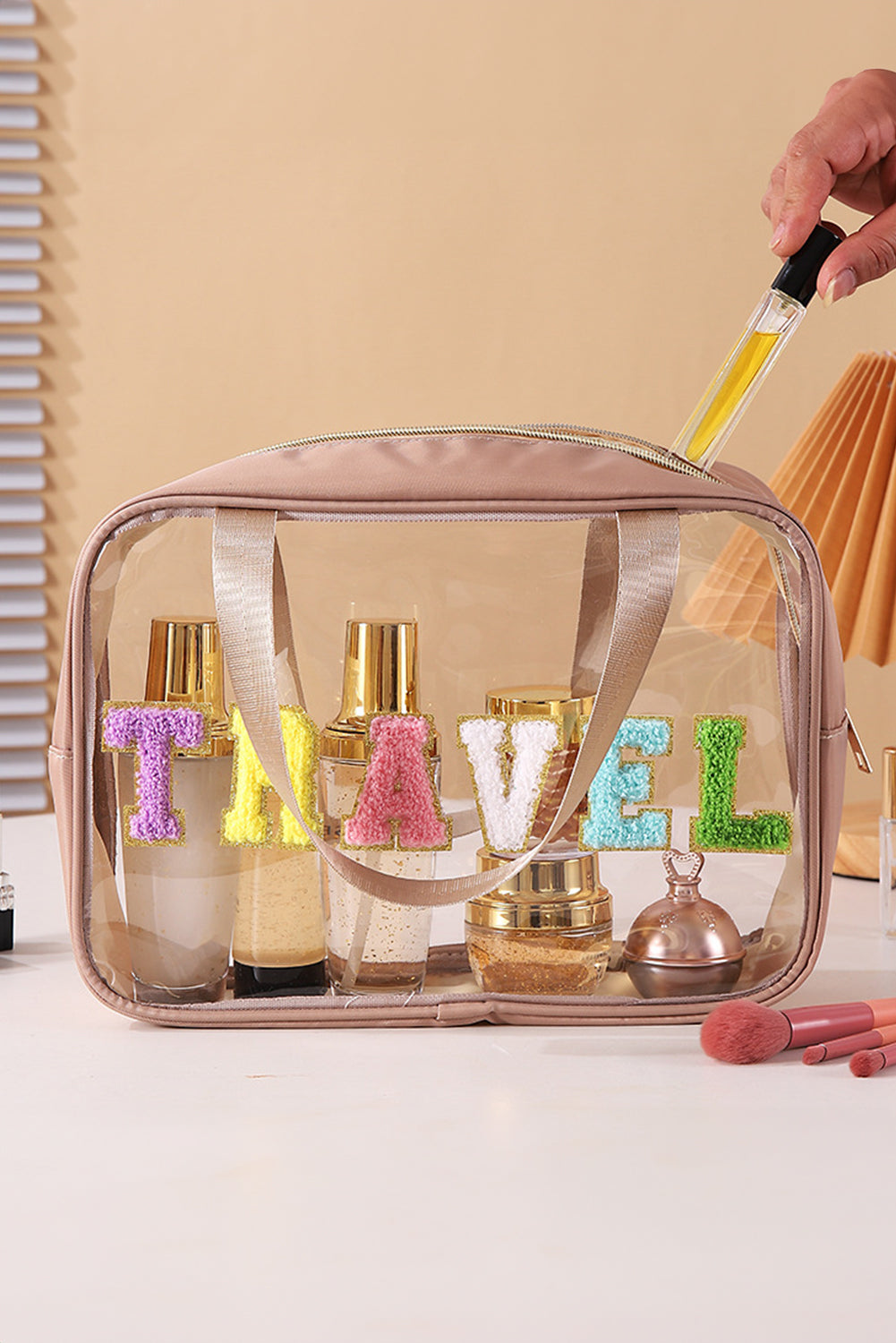 Dark Khaki TRAVEL Chenille Glitter Patched Clear Waterproof Makeup Bag