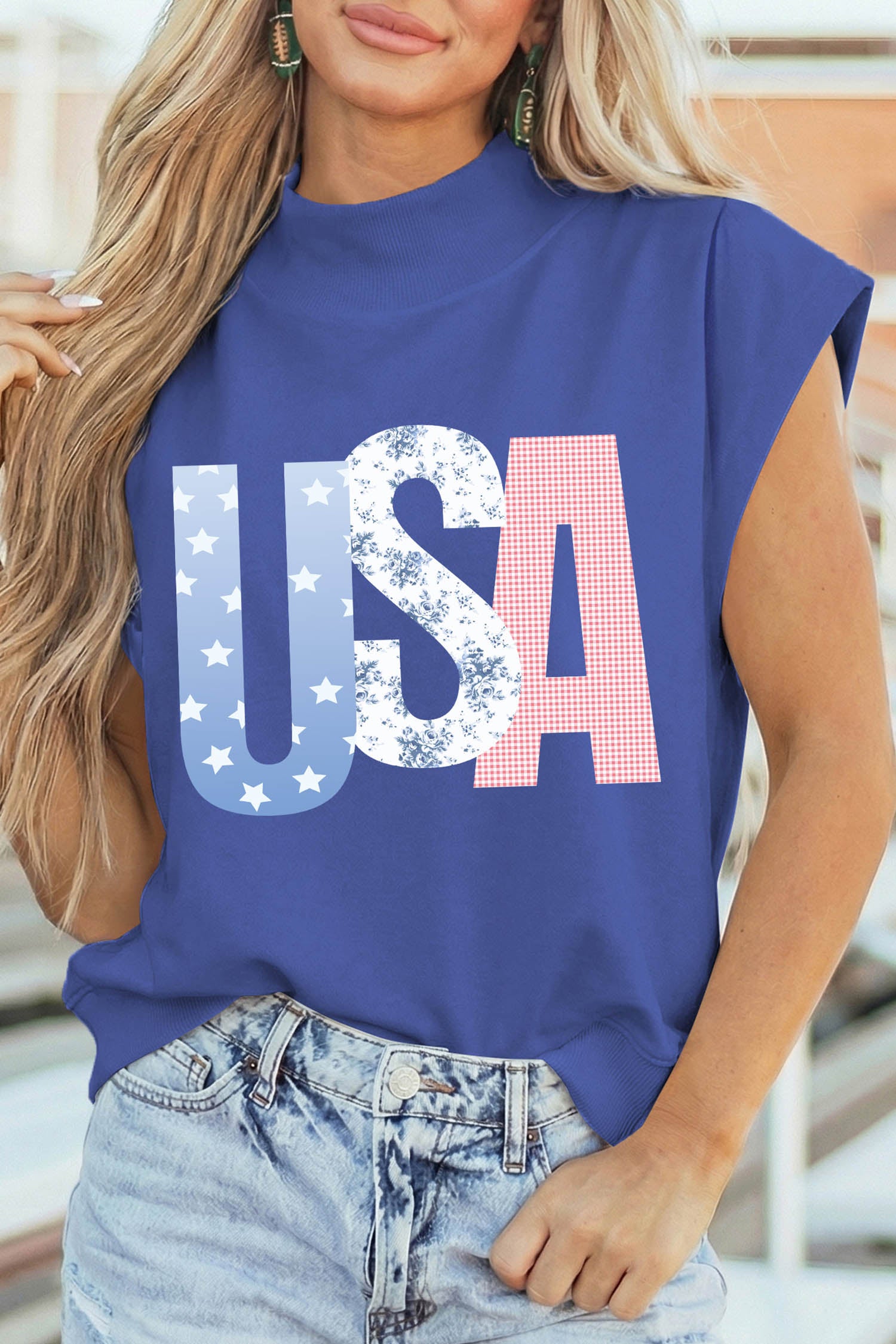Sky Blue Mixed Pattern USA Letter Print Mock Neck Short Sleeve Top