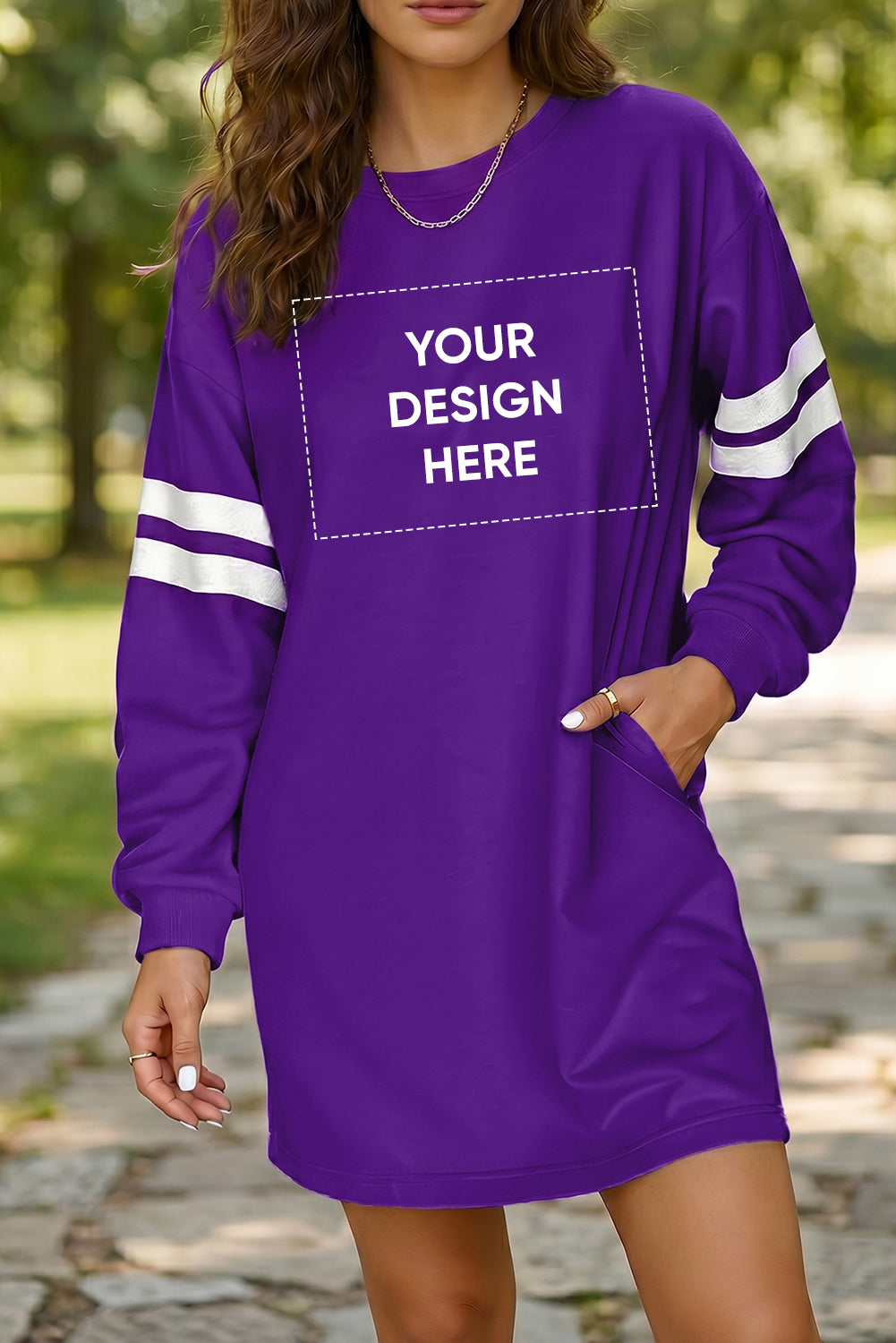 Tillandsia Purple Varsity Contrast Banded Sleeve Shift Sweatshirt Dress
