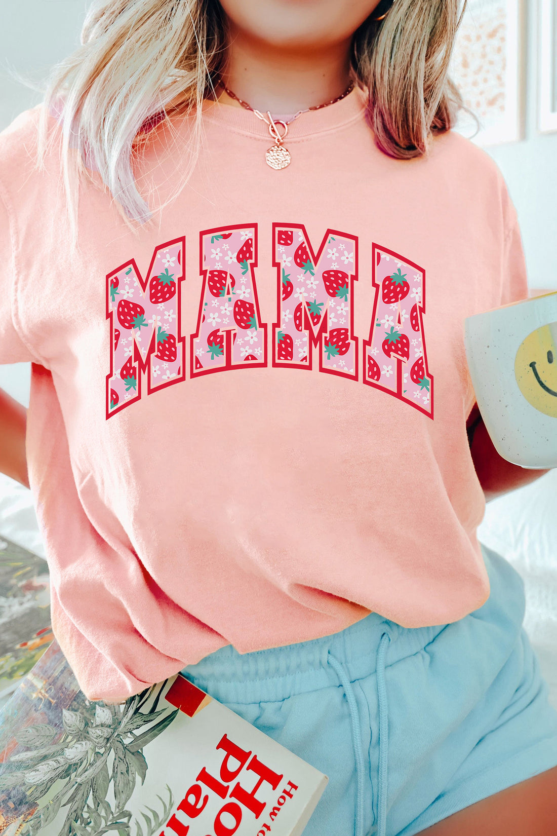 Pink Floral Strawberry MAMA Lettering Graphic Tee