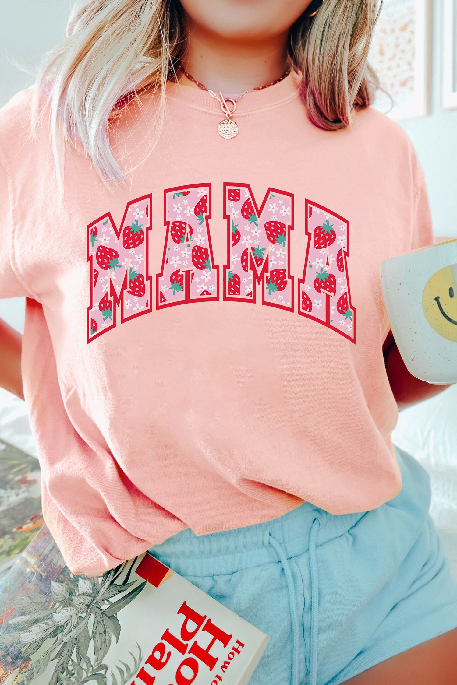Pink Floral Strawberry MAMA Lettering Graphic Tee