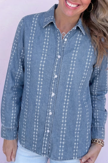 Myosotis Floral Print Button-Down Long Sleeve Denim Shirt