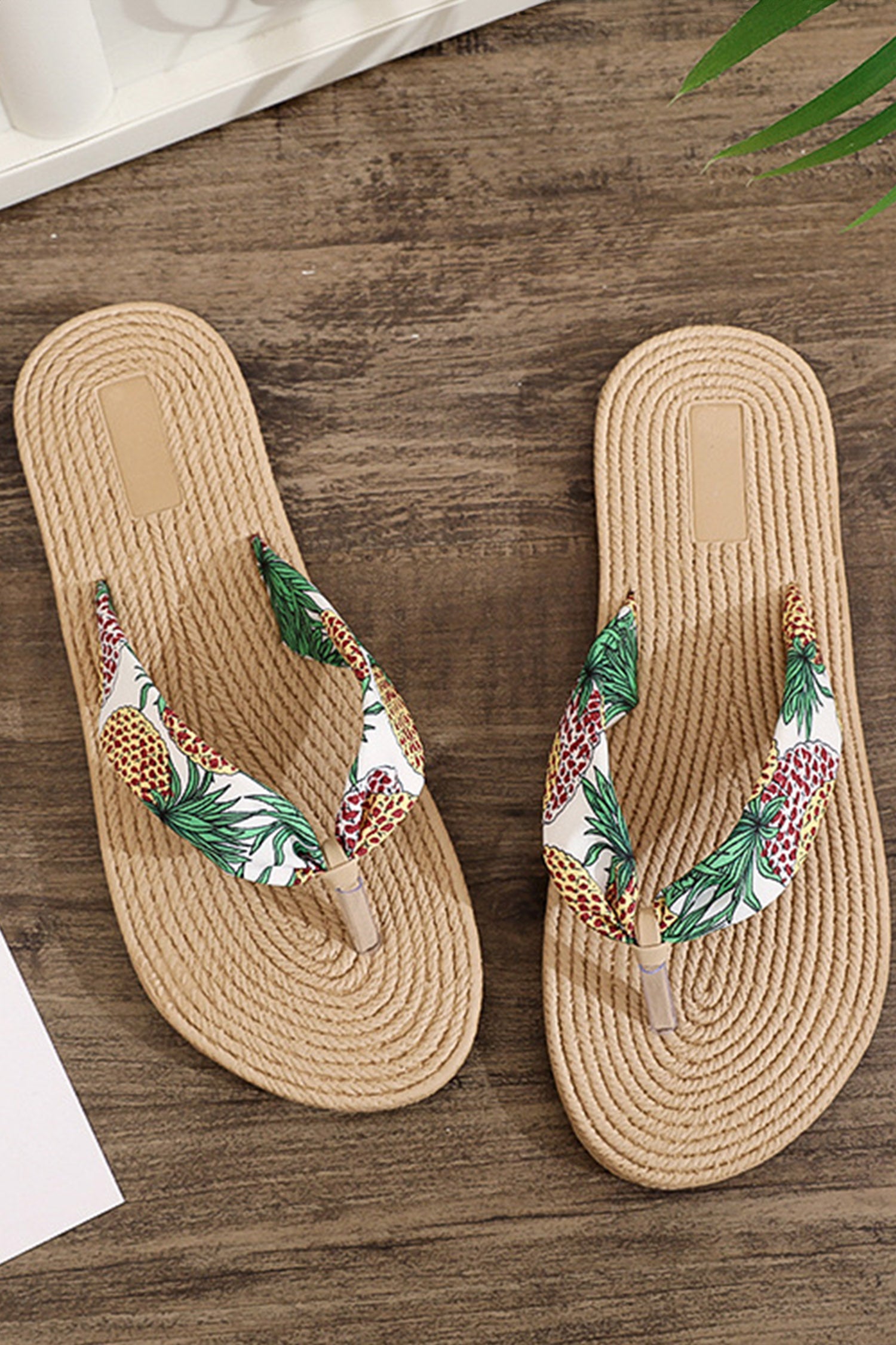 Parchment Tropical Beach Vacation Pineapple Printed Flip Flops