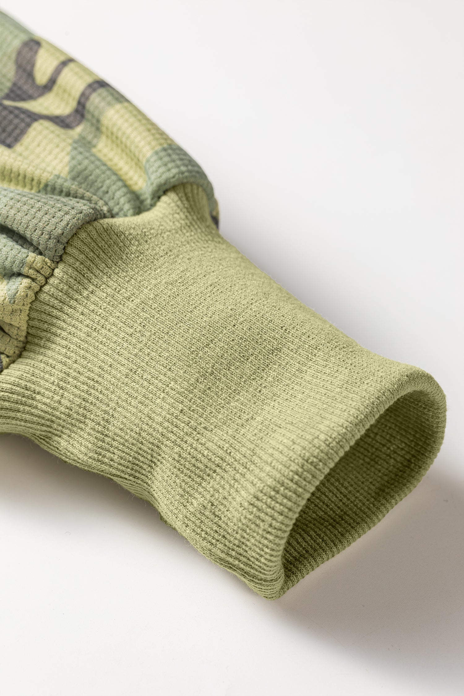 Green Camouflage Waffle Knit Raw Edge Contrast Trim Oversized Long Sleeve Top