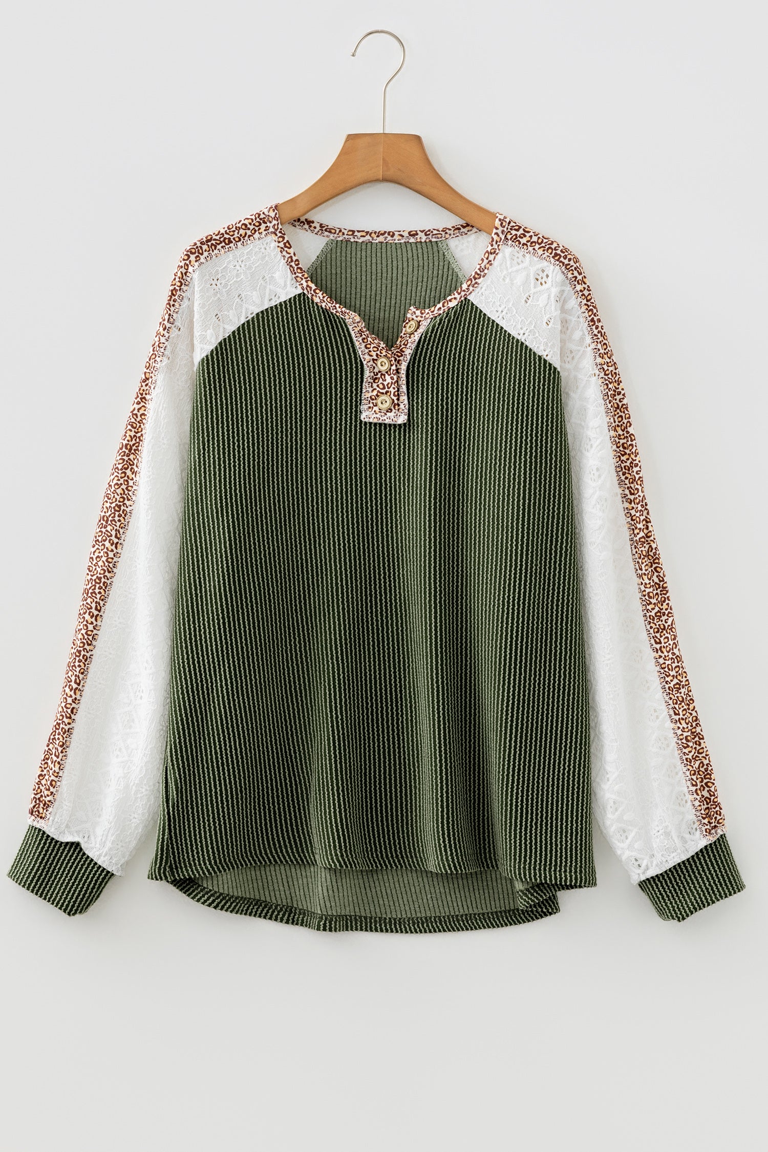 Vineyard Green Twisted Ribbed Leopard Lace Contrast Patchwork Long Sleeve Top