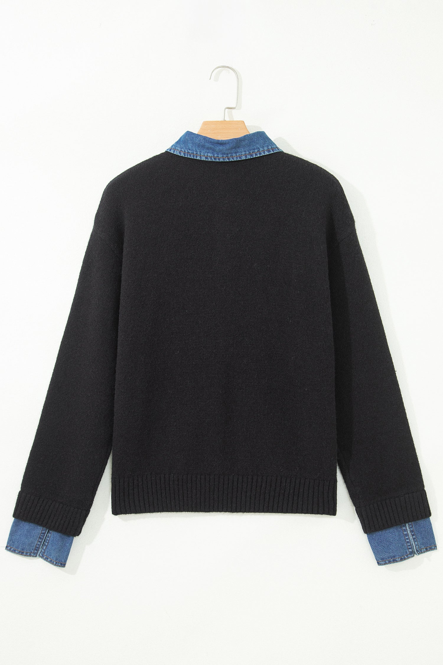 Black Denim Patchwork Collar Cuffed Casual Sweater