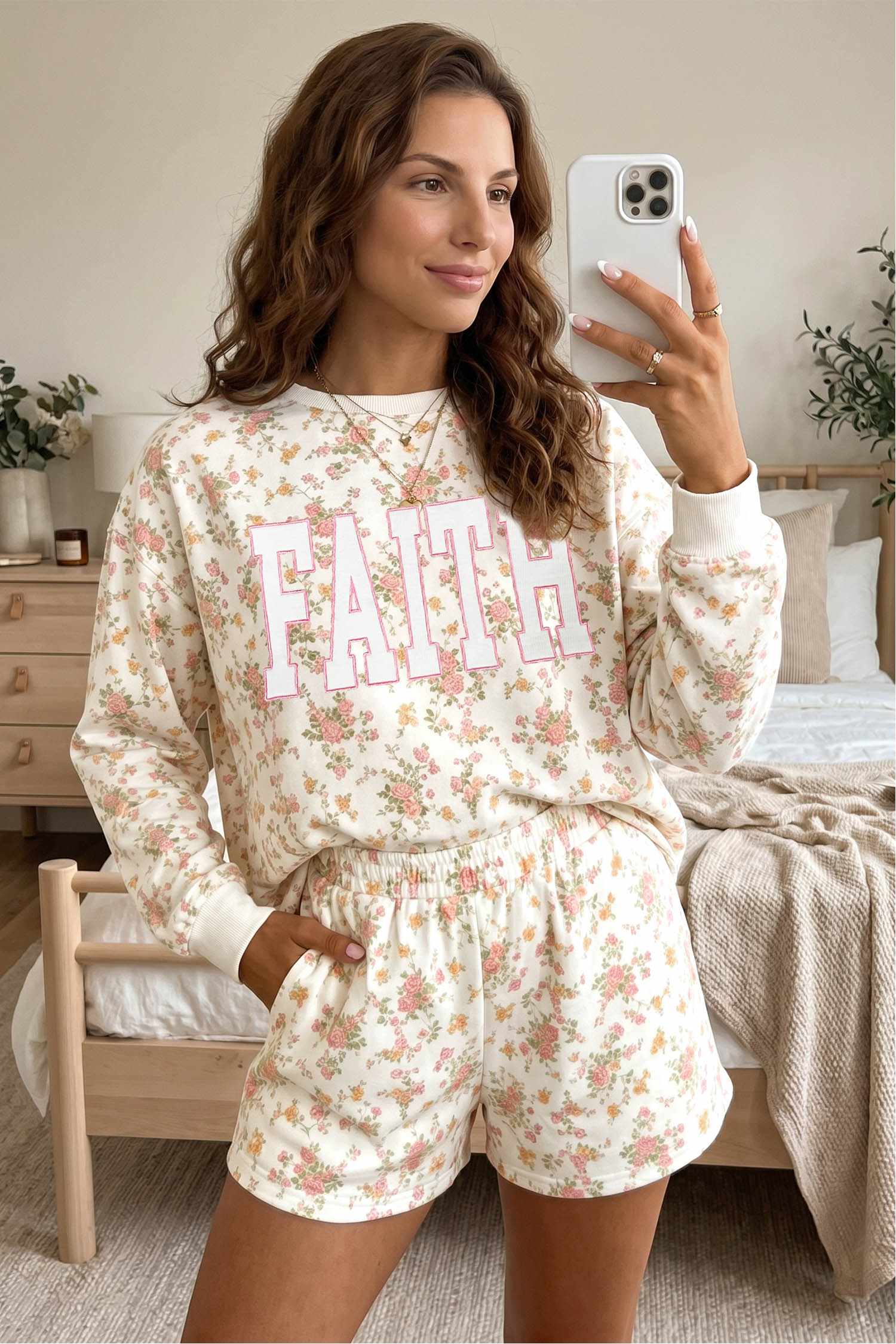 Beige Floral Print FAITH Letter Graphic Long Sleeve Top and Shorts 2pcs Set