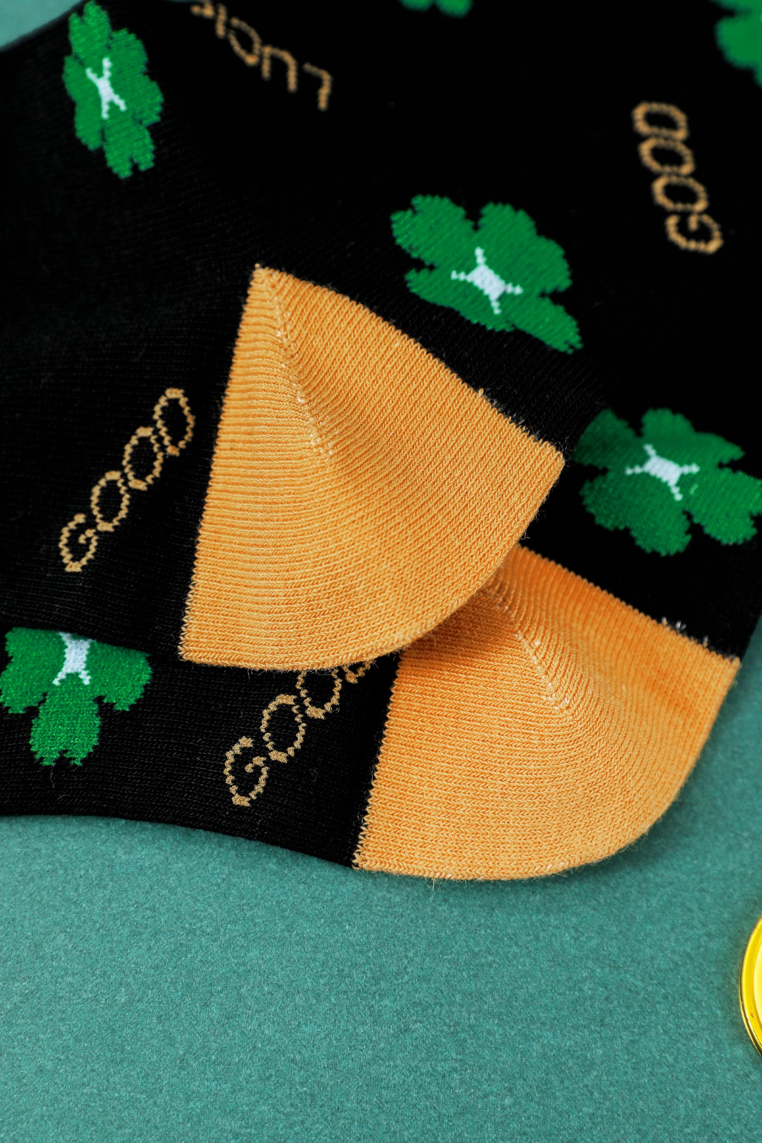 Dark Green GOOD LUCK St Patrick Clover Color Block Socks 