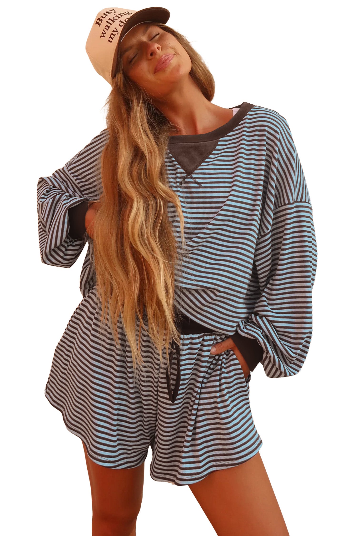 Brown Stripe Oversized Long Sleeve Top Drawstring Loose Shorts 2pcs Set