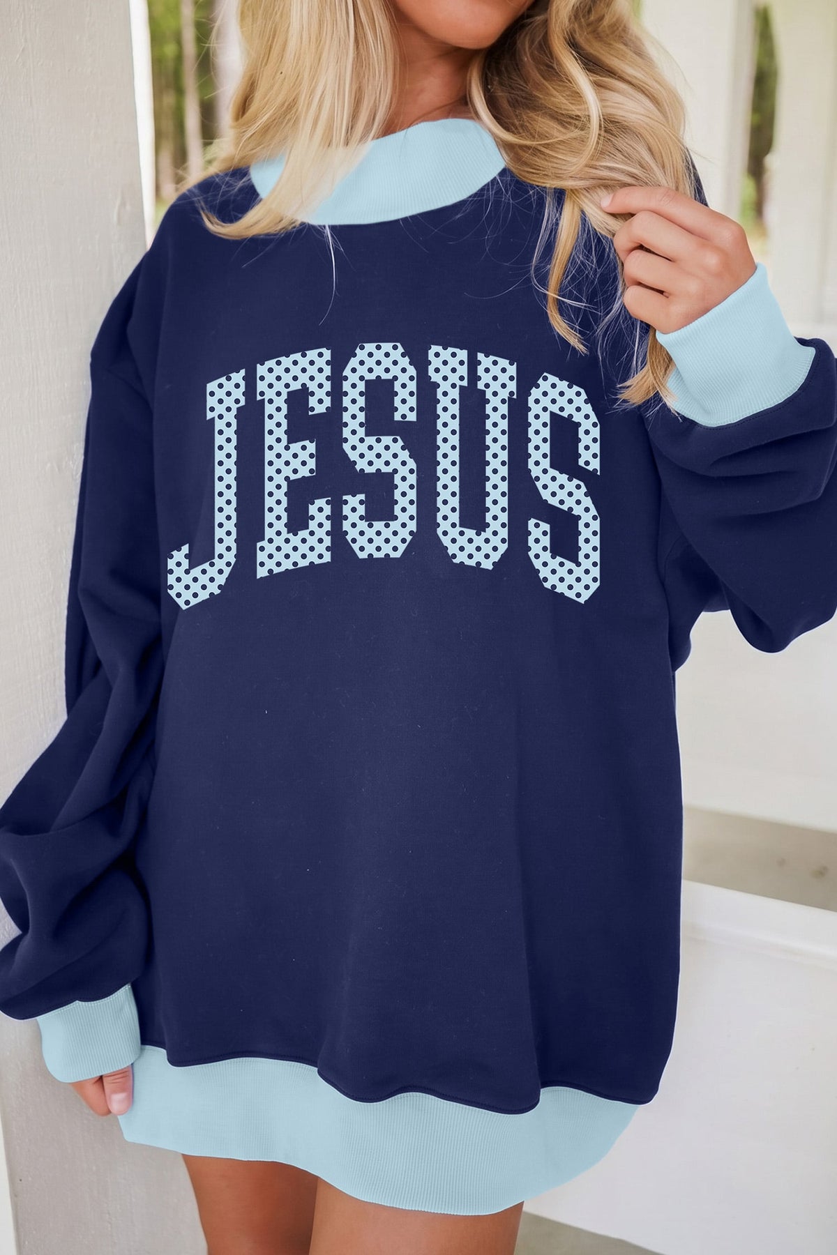 Dirty blue Polka Dot Faith Slogan Graphic Ribbed Trim Mock Neck Sweatshirt