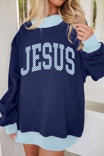 Dirty blue Polka Dot Faith Slogan Graphic Ribbed Trim Mock Neck Sweatshirt
