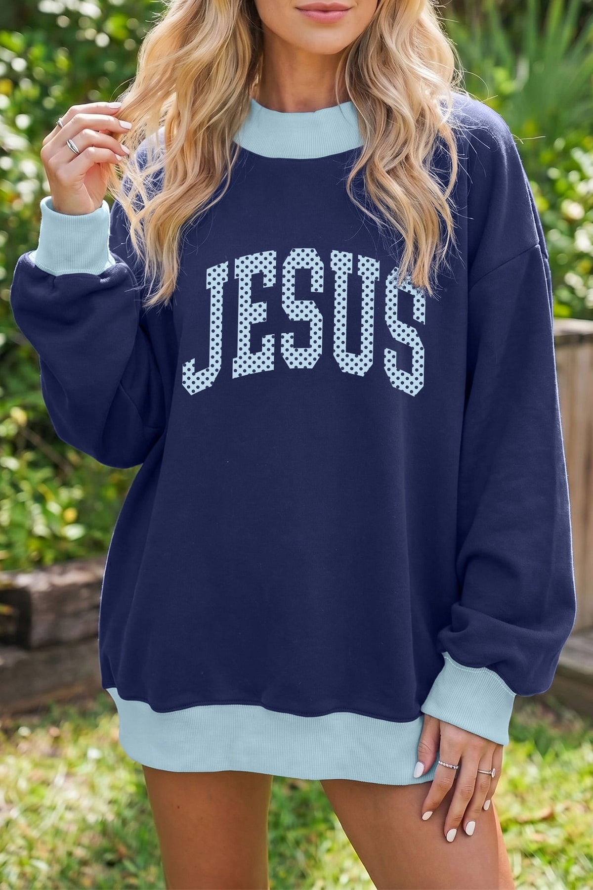 Dirty blue Polka Dot Faith Slogan Graphic Ribbed Trim Mock Neck Sweatshirt