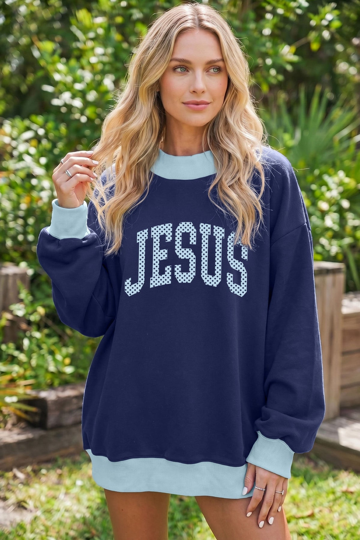 Dirty blue Polka Dot Faith Slogan Graphic Ribbed Trim Mock Neck Sweatshirt