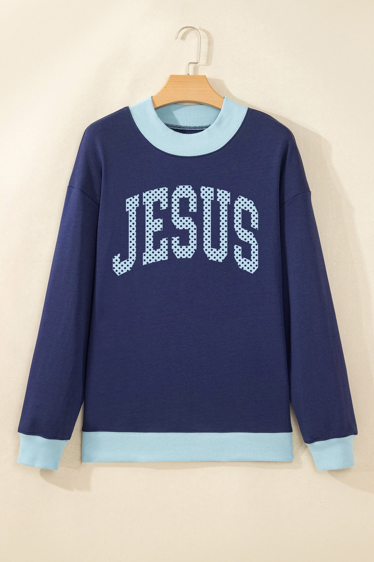 Dirty blue Polka Dot Faith Slogan Graphic Ribbed Trim Mock Neck Sweatshirt