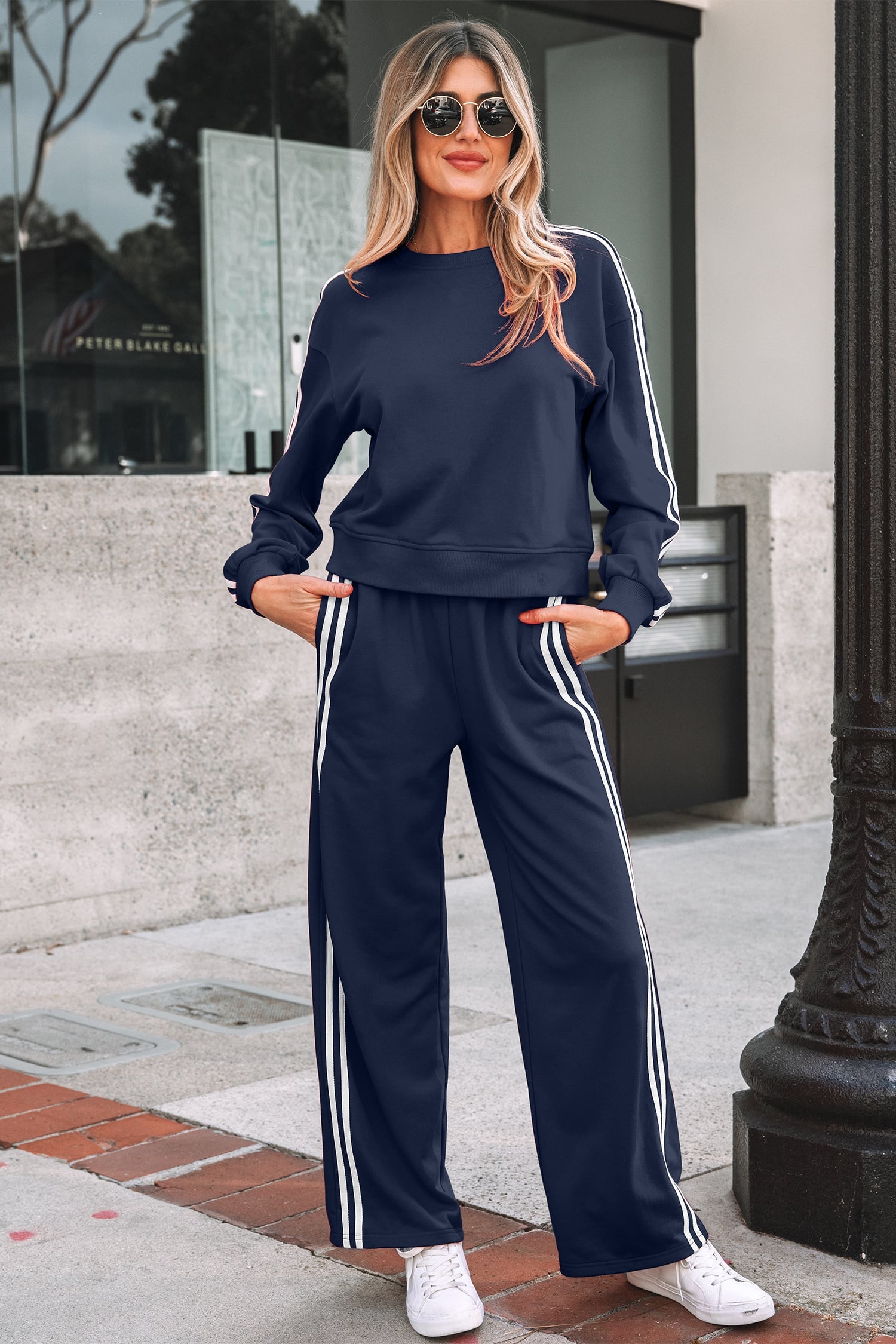 Dirty blue Varsity Striped Detail Crewneck Pullover Elastic Sweatpants 2pcs Outfit