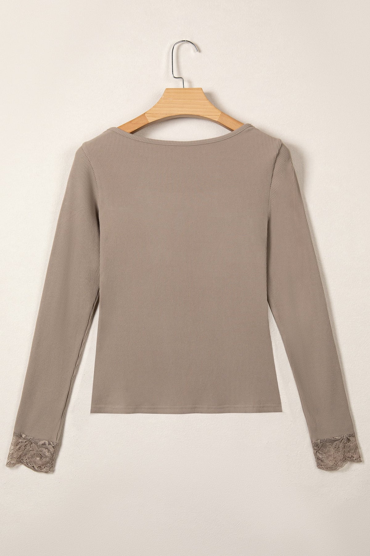 DUNE Solid Color Ribbed Lace Neck Long Sleeve Top