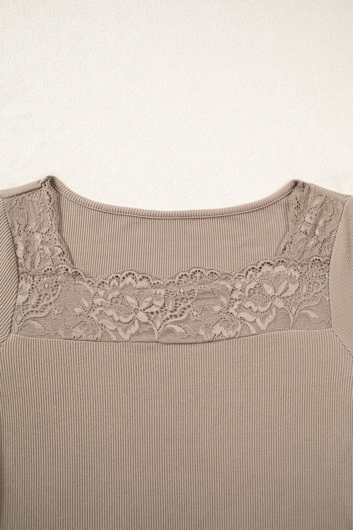 DUNE Solid Color Ribbed Lace Neck Long Sleeve Top