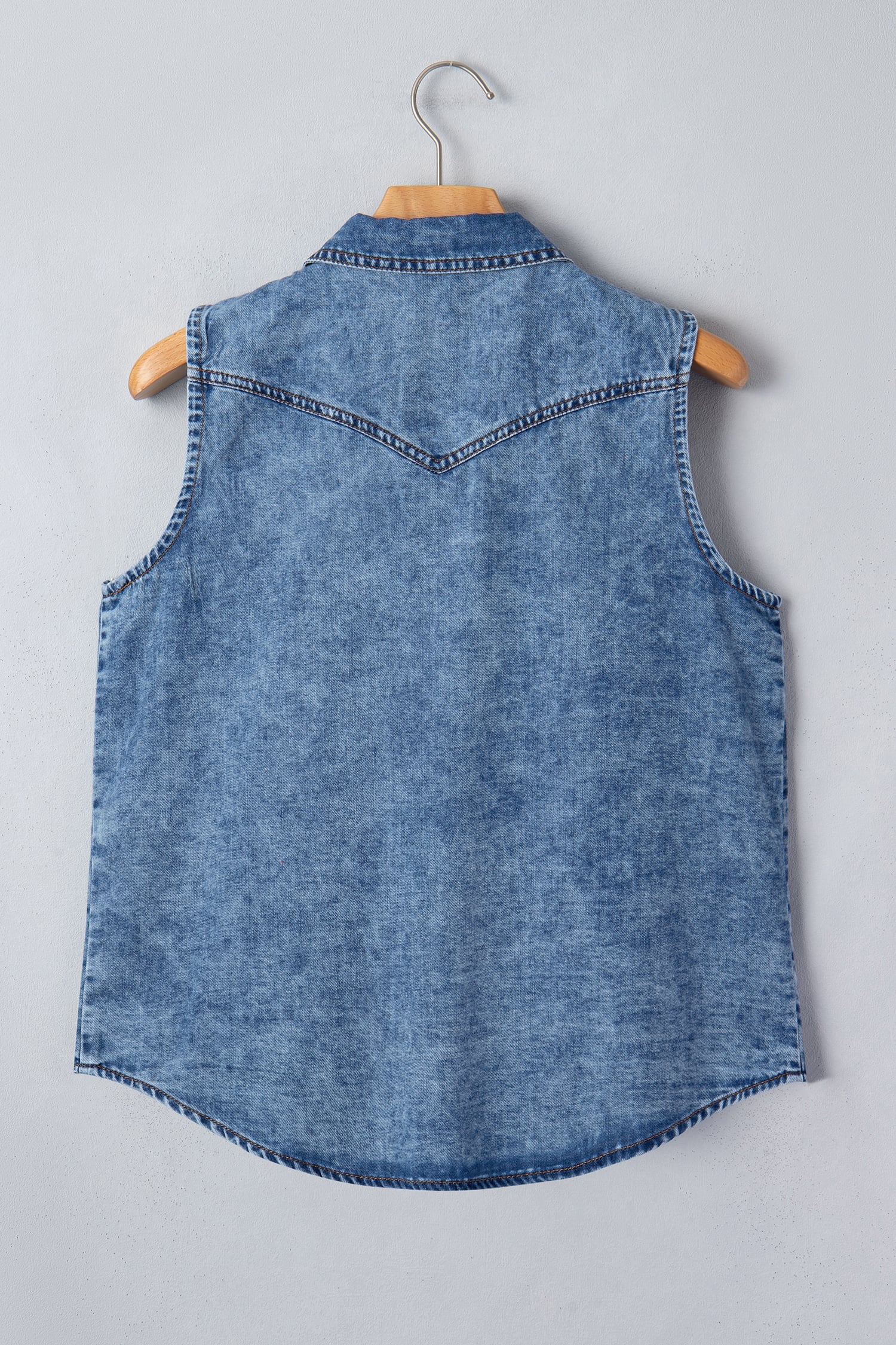 Dusk Blue Buttoned Front Collared Sleeveless Denim Vest