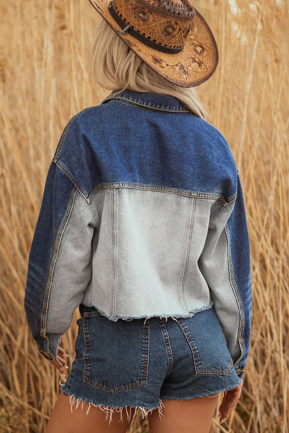 Dusk Blue Color Block Patchwork Flap Detail Distress Denim Jacket
