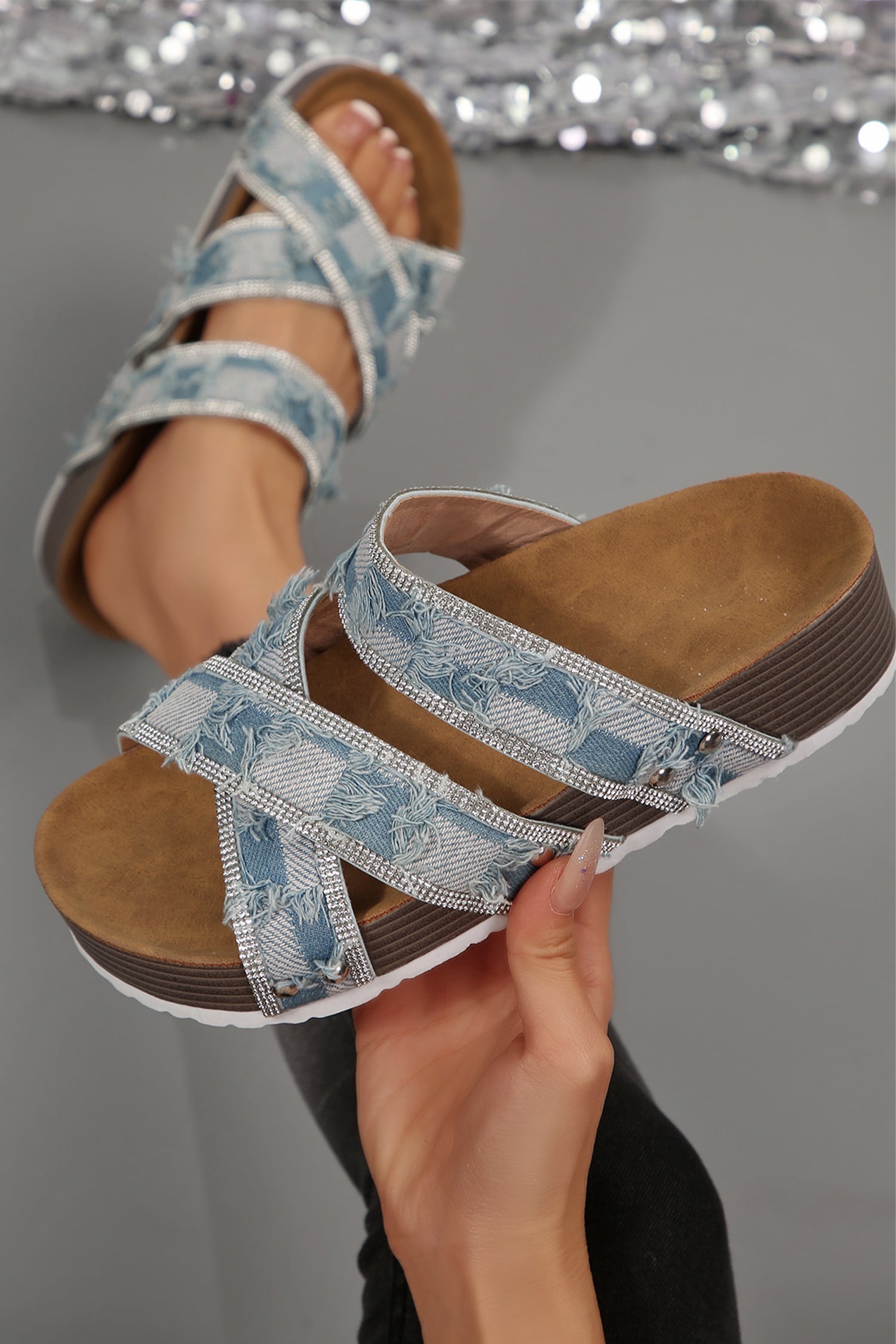 Dusk Blue Distressed Checkered Rhinestone Embellished Strappy Hollowed Platform Slippers