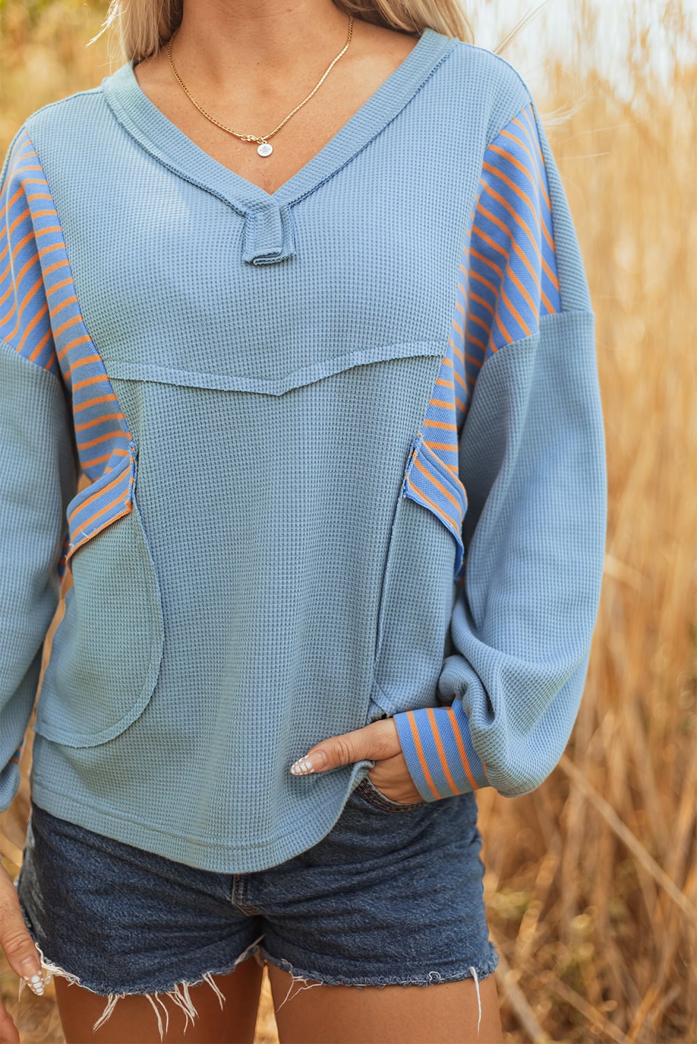 Dusk Blue Exposed Seam Waffle Striped Patchwork Baggy Pullover