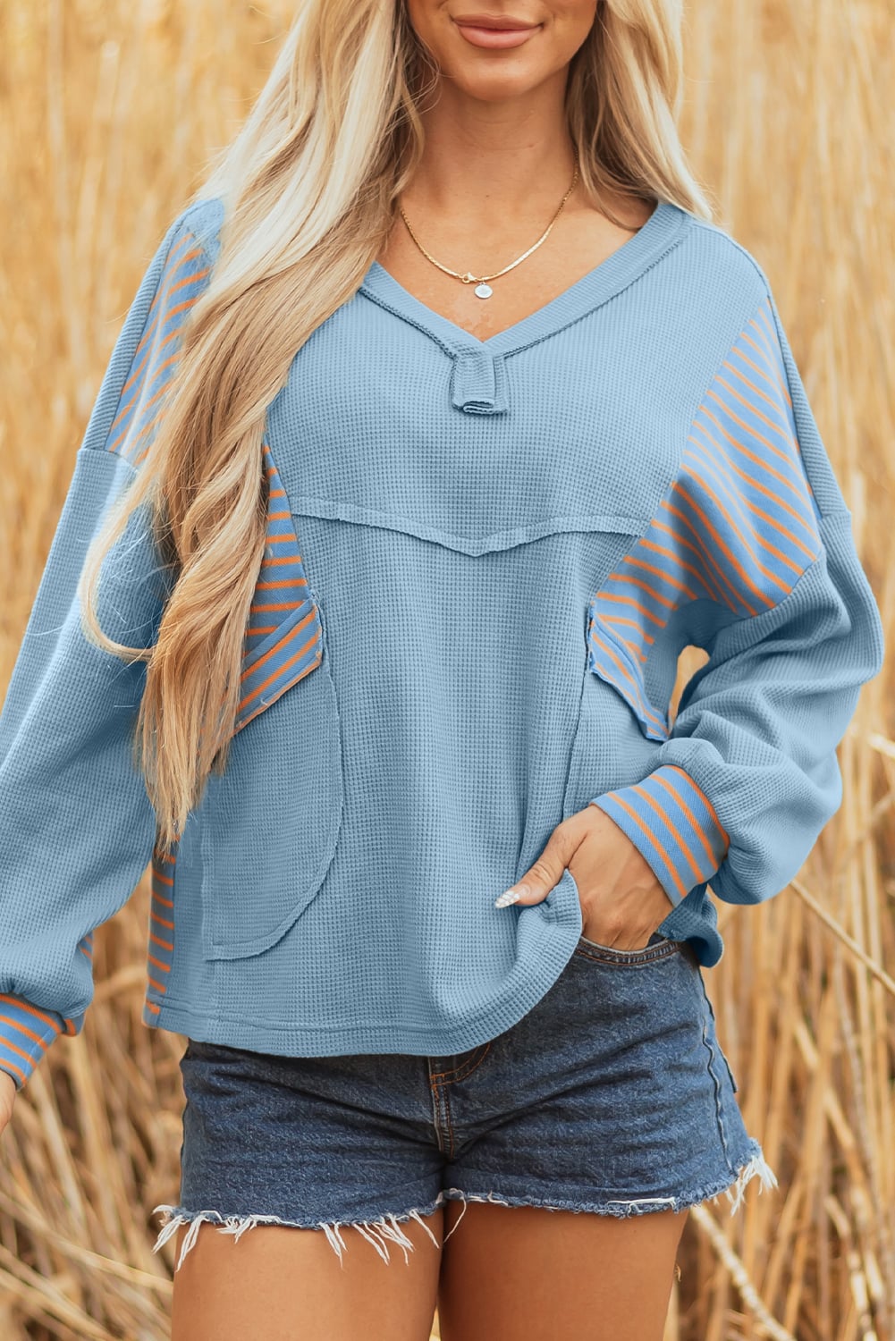 Dusk Blue Exposed Seam Waffle Striped Patchwork Baggy Pullover
