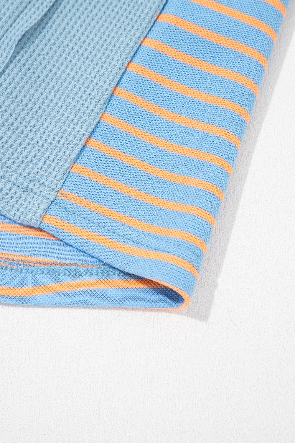 Dusk Blue Exposed Seam Waffle Striped Patchwork Baggy Pullover