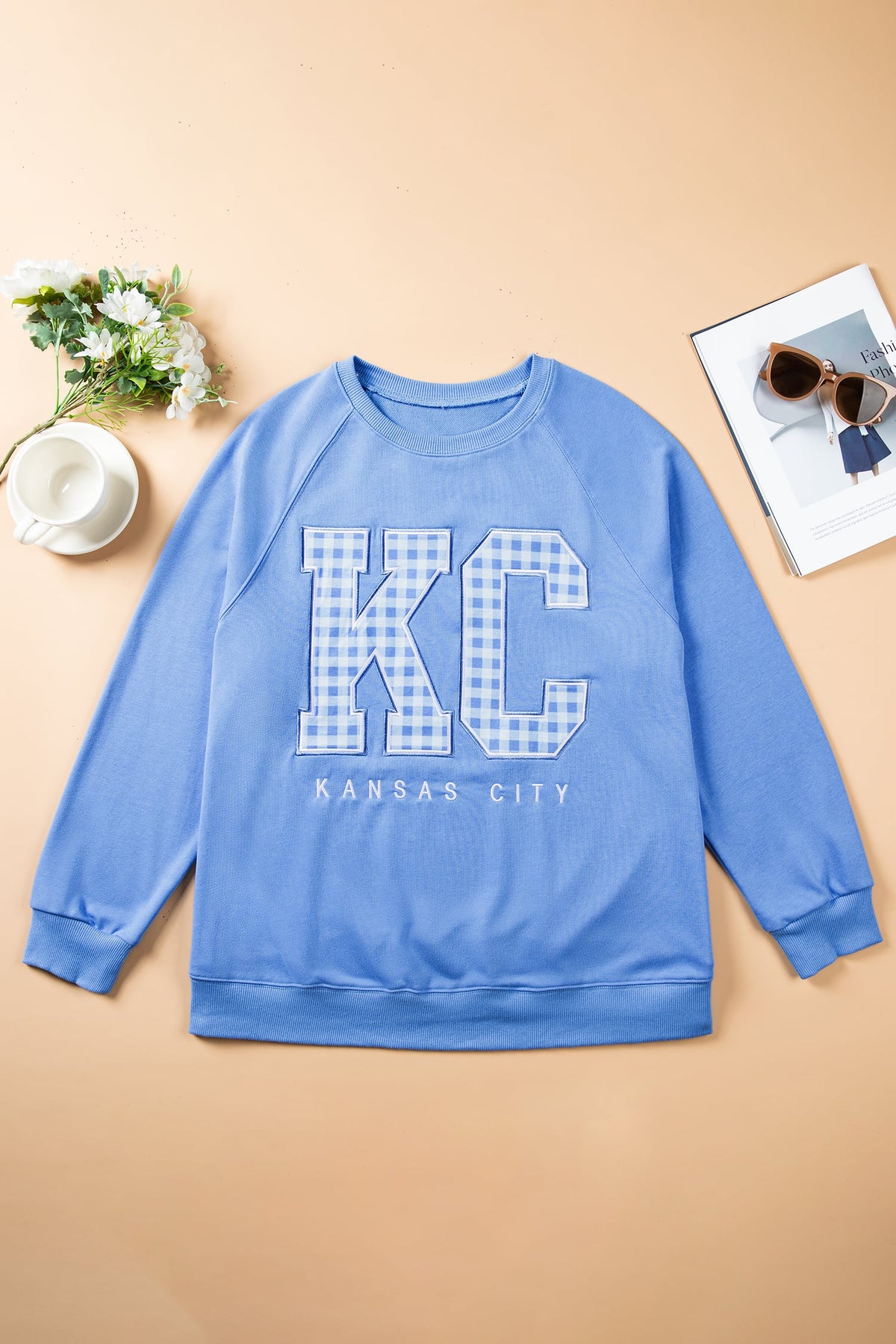 Dusk Blue Floral Letter Print Loose Fit Long Sleeve Round Neck Plus Size Sweatshirt