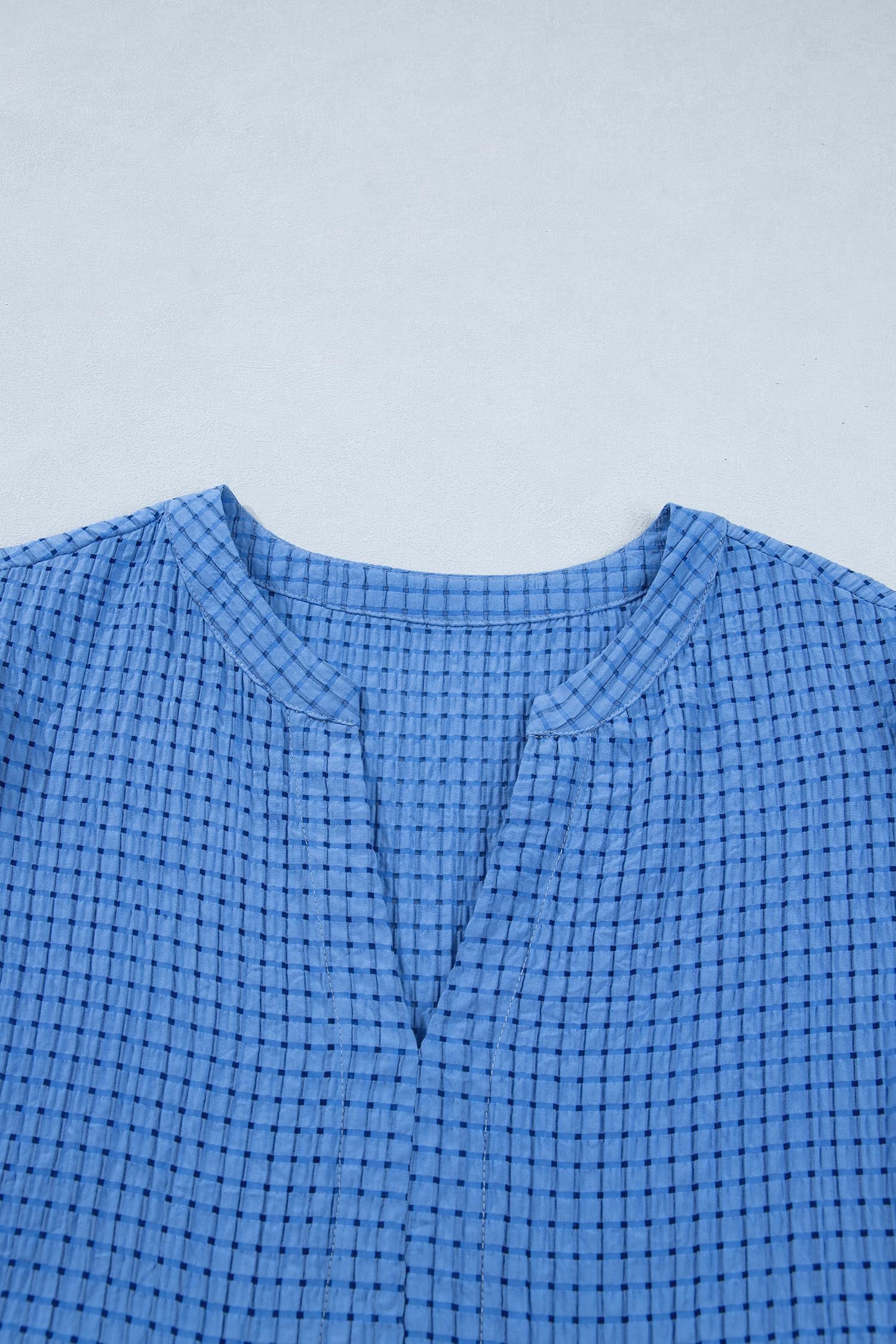 Dusk Blue Gingham Textured Bow Tie Short Sleeve Tiered Midi Dress