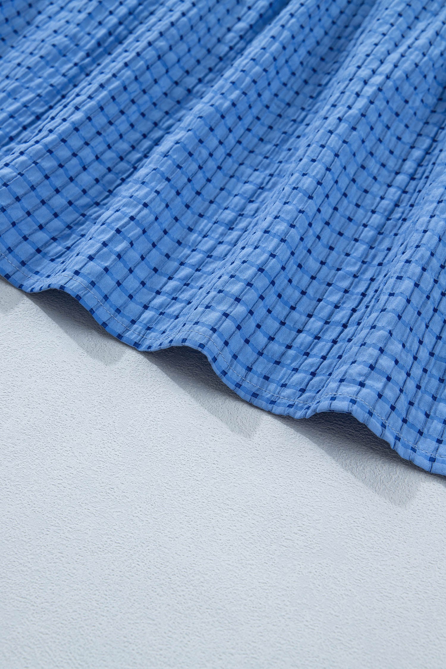 Dusk Blue Gingham Textured Bow Tie Short Sleeve Tiered Midi Dress
