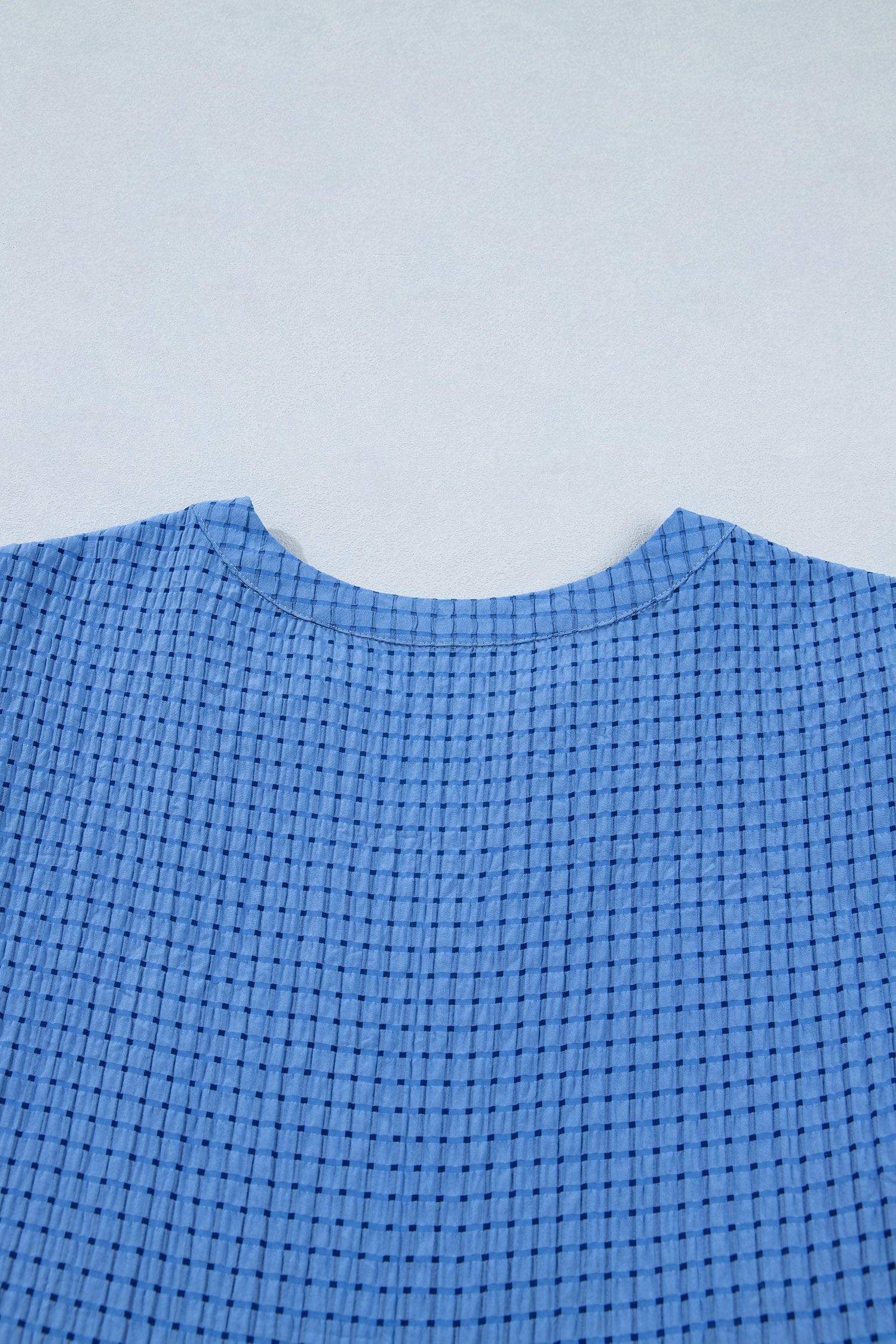 Dusk Blue Gingham Textured Bow Tie Short Sleeve Tiered Midi Dress