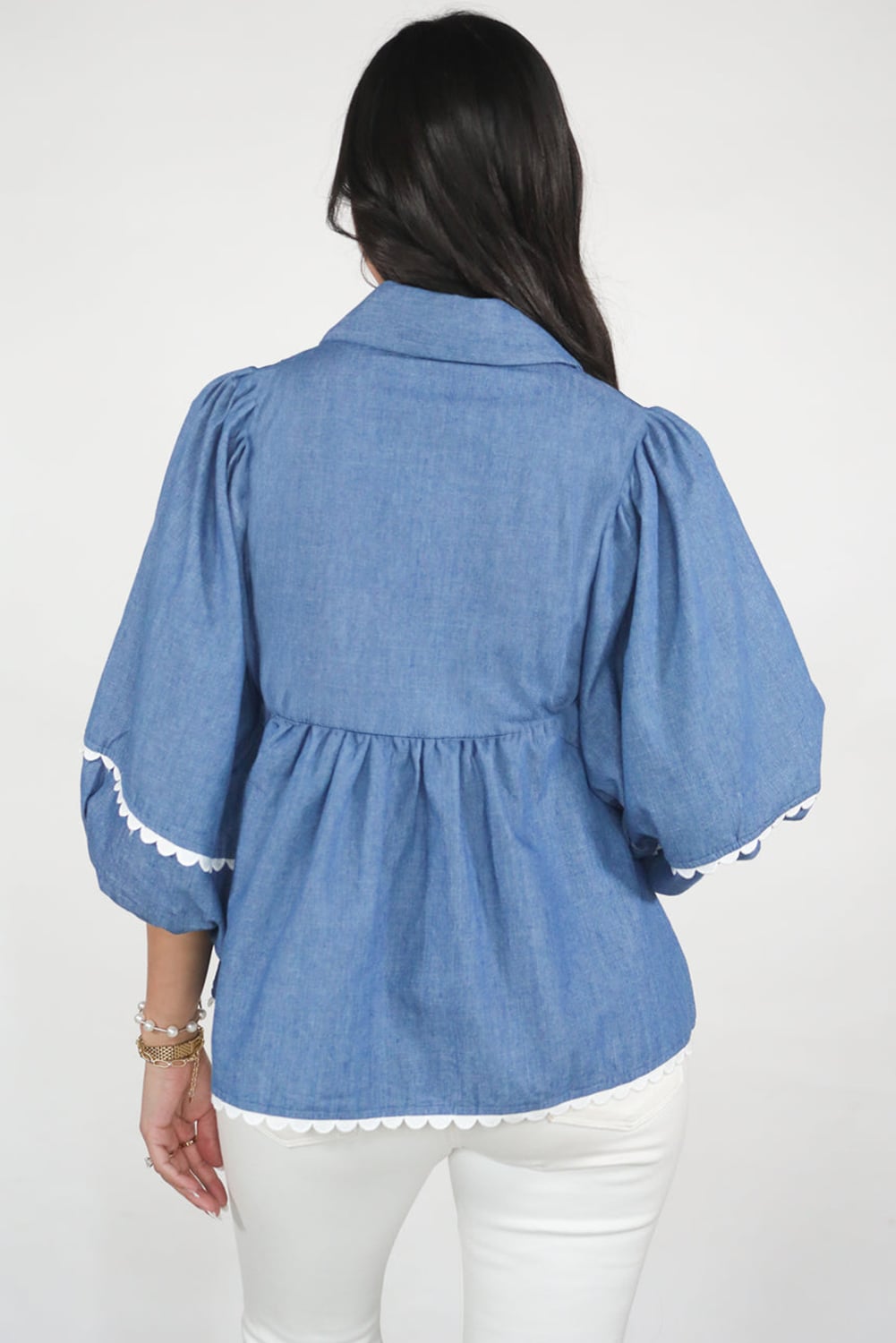 Dusk Blue Lace Ric Rac 3/4 Puff Sleeve Collared Babydoll Blouse